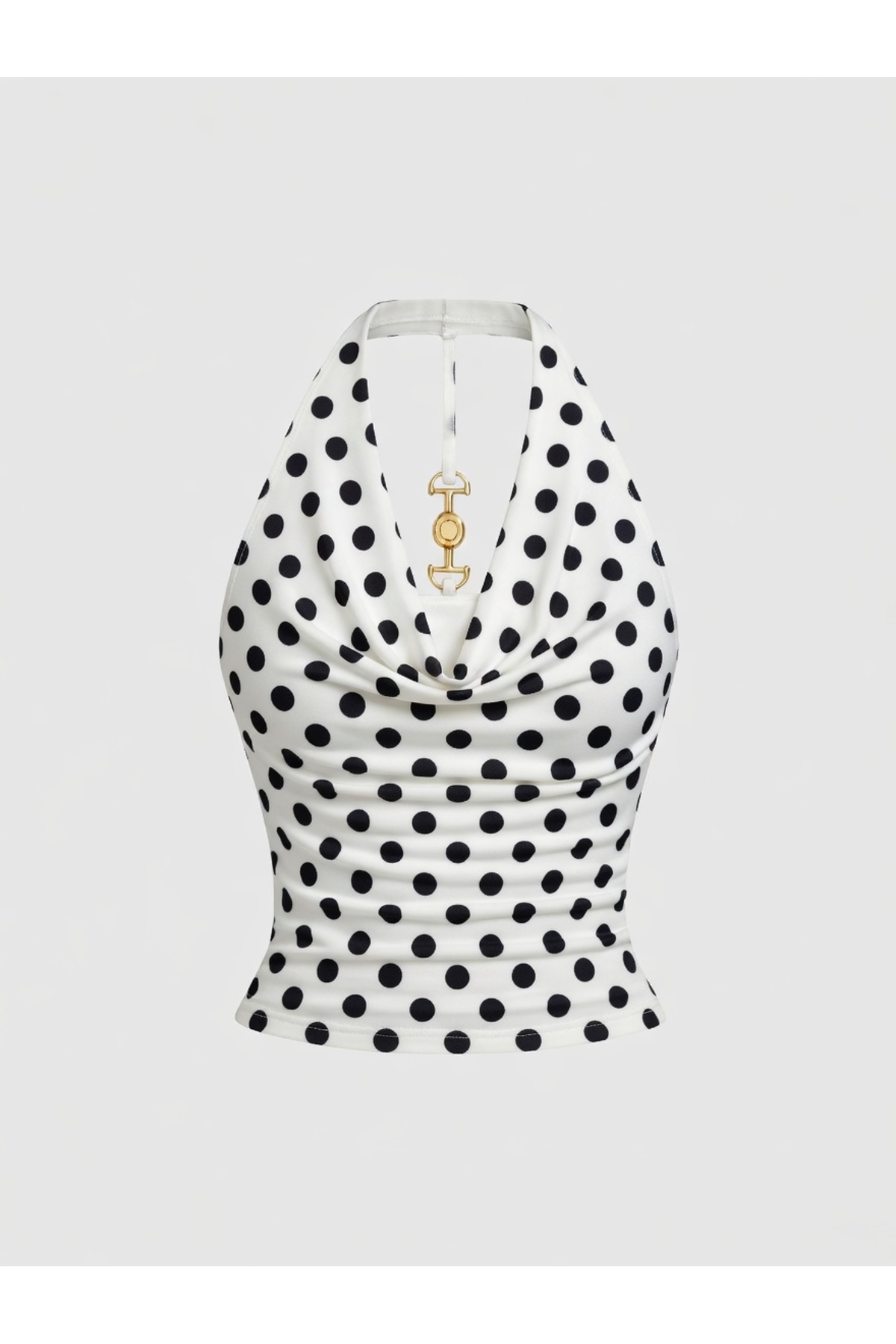 Wildco Beyaz Puantiyeli Halter Yaka Drapeli Crop Bluz Kadın Gold Aksesuar Detaylı Bluz görsel 5