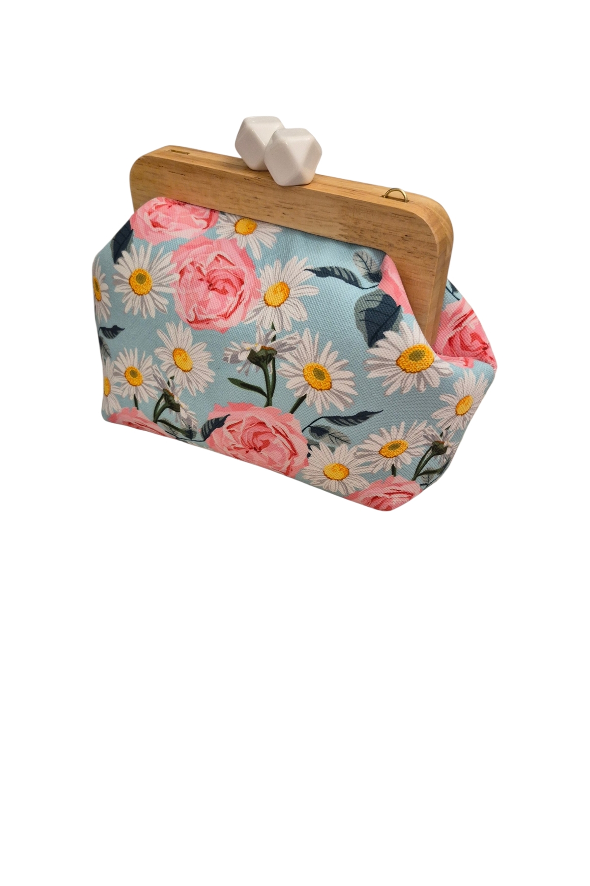 handedizayn Pembe Güllü Ahşap Burslu Zincir Askılı Clutch Omuz Çantası görsel 2