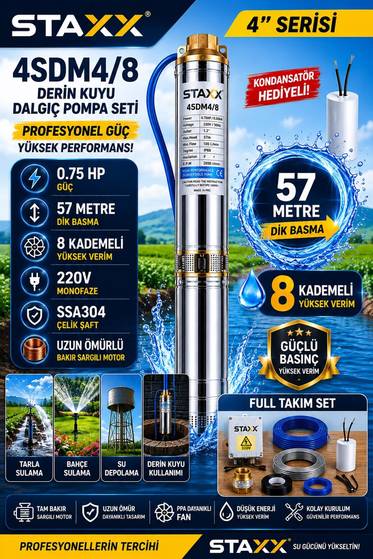 STAXX POWER 8 Kademeli Derin Kuyu Kalem Dalgıç Pompa Seti 57 Mt Dik Basma 220V Çelik Şaftlı Bahçe Tarla Sulama