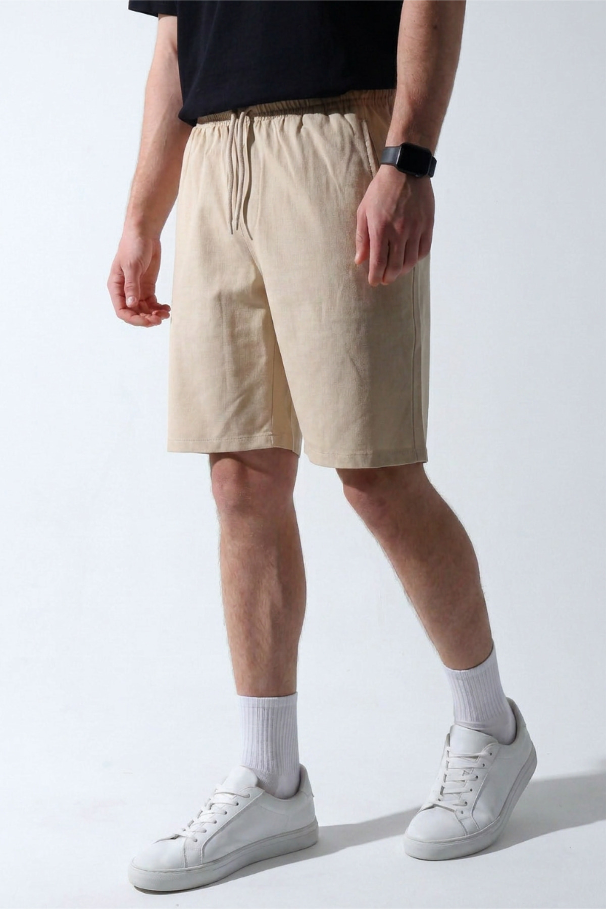 Men's Beige Parachute Fabric Ultra Light Elastic Waist Zipper Back Pocket Shorts Bermuda