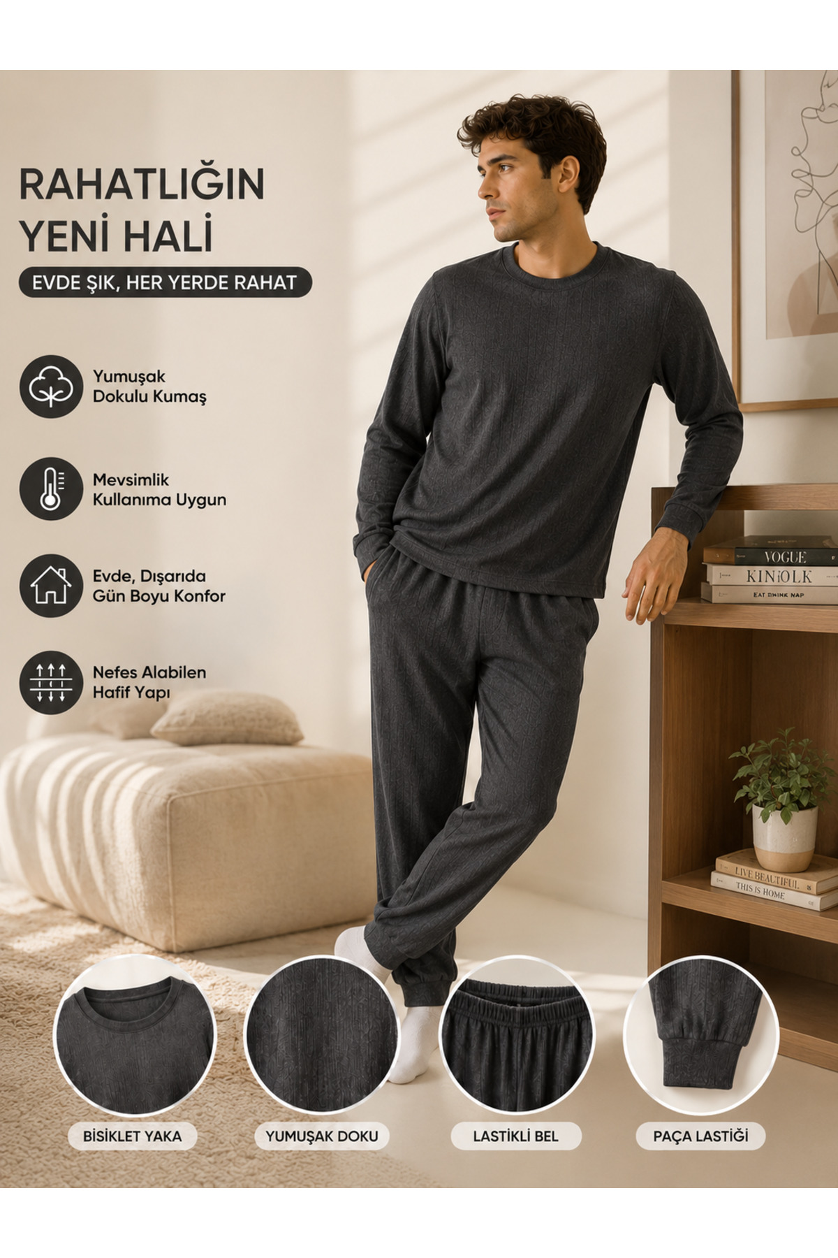 Erkek Yumuşak Dokulu Gri Pijama Takımı Lastikli Paça Ev Giyim Seti — خاکستری 1209