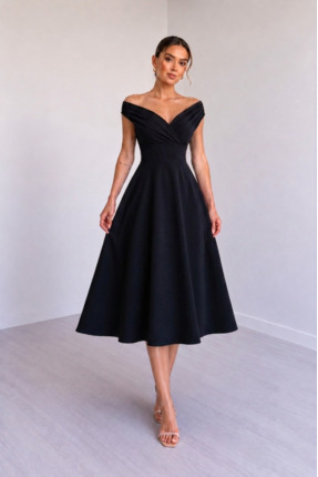 DRESSIFY WOMEN’S FASHION Kadın Kısa Kollu Kruvaze Yaka Krep Elbise - Eteği Vo...