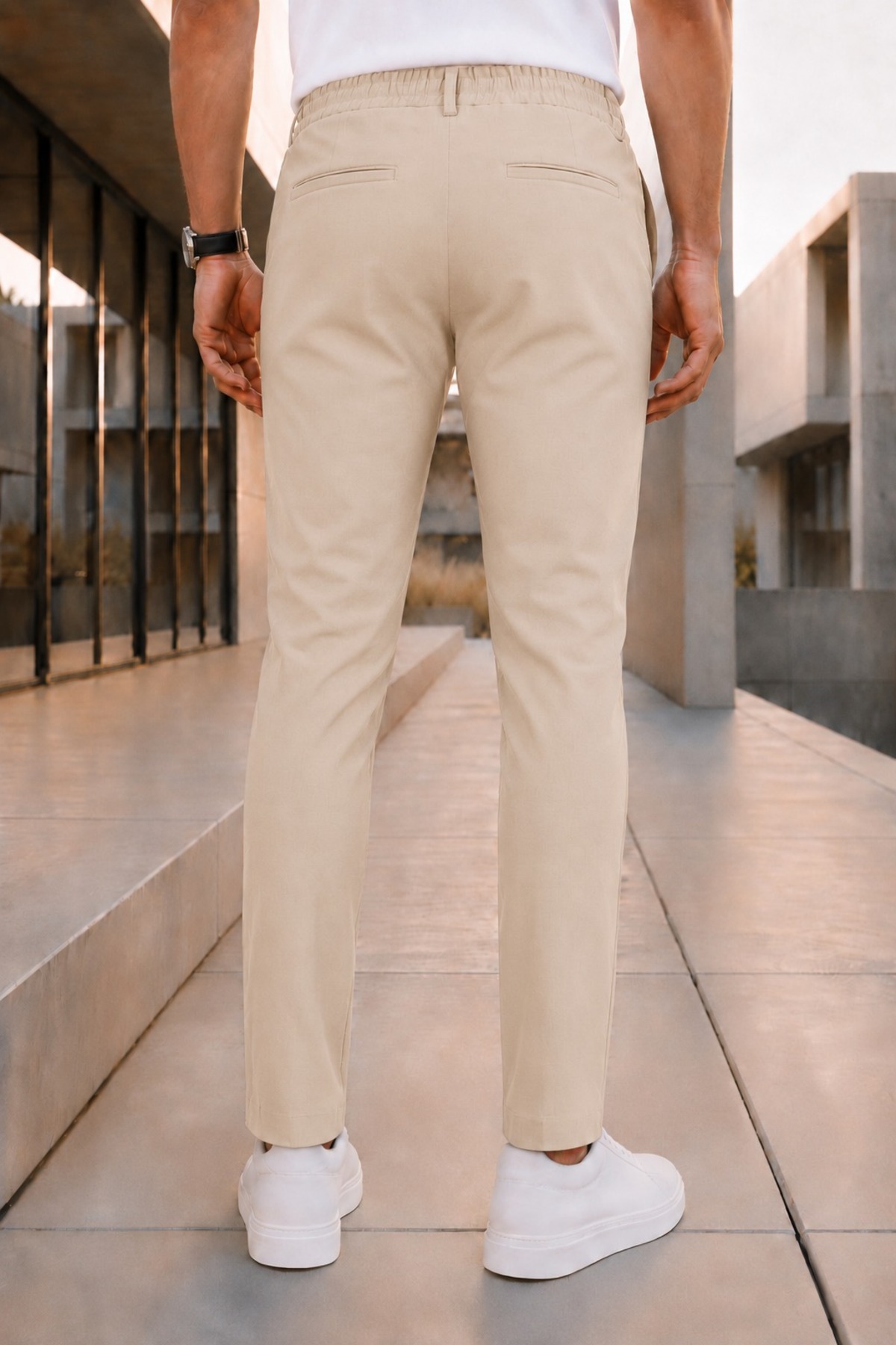 Erkek Bej Rahat Kesim Beli Lastikli Bağcıklı Yan Cepli Jogger Kumaş Pantolon — بژ SJ-278 — تصویر 2 از 2