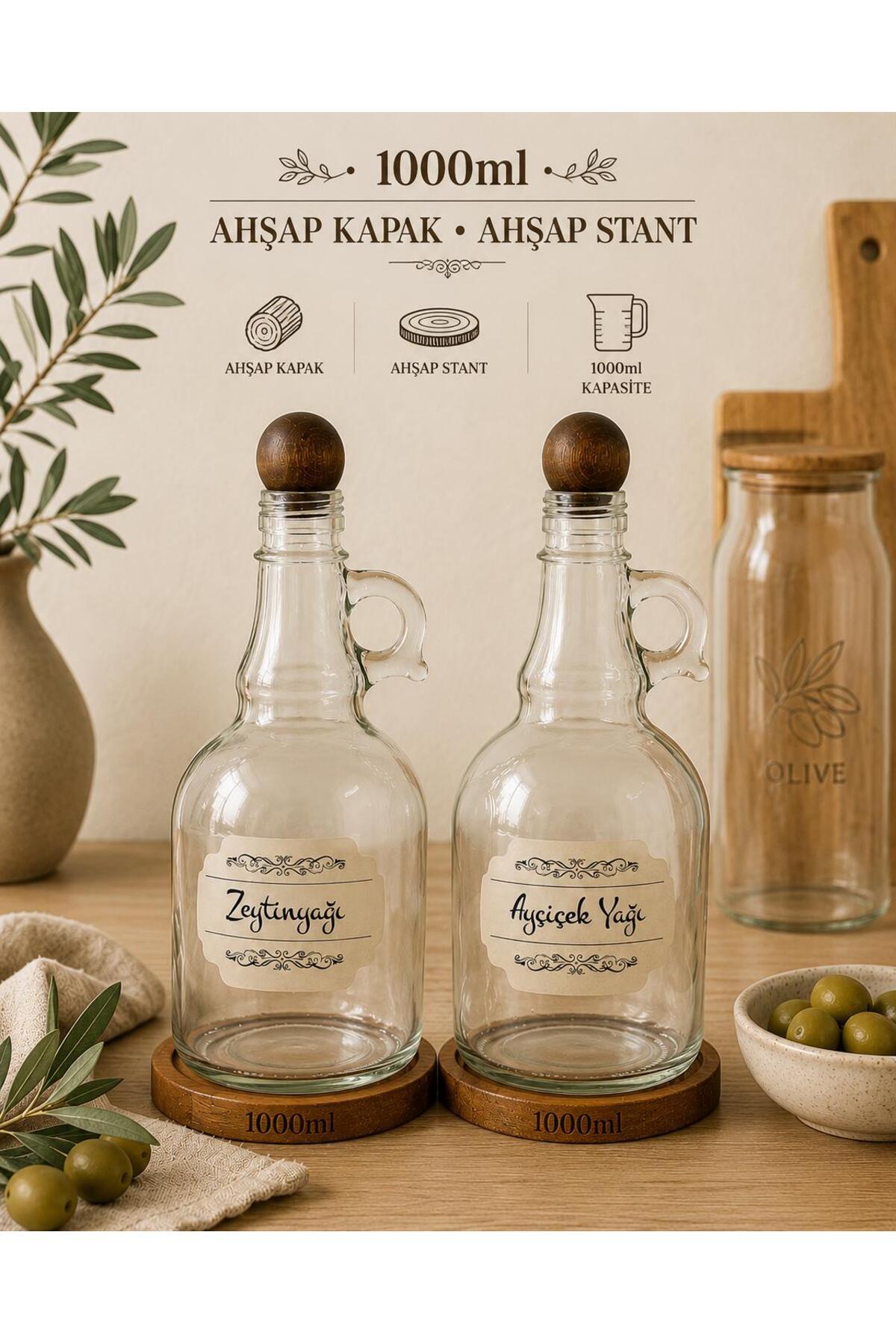 2-Piece 1000ml Wooden Stand Glass Oil Bottle Set with Wooden Cover with Sunflower/Olive Oil Label