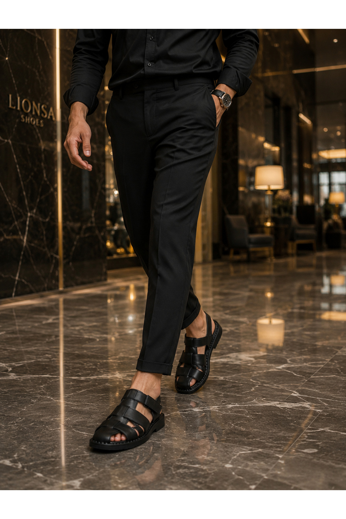 Cooka Shoes Erkek Siyah Hakiki Deri Cırt Cırtlı Günlük Sandalet
