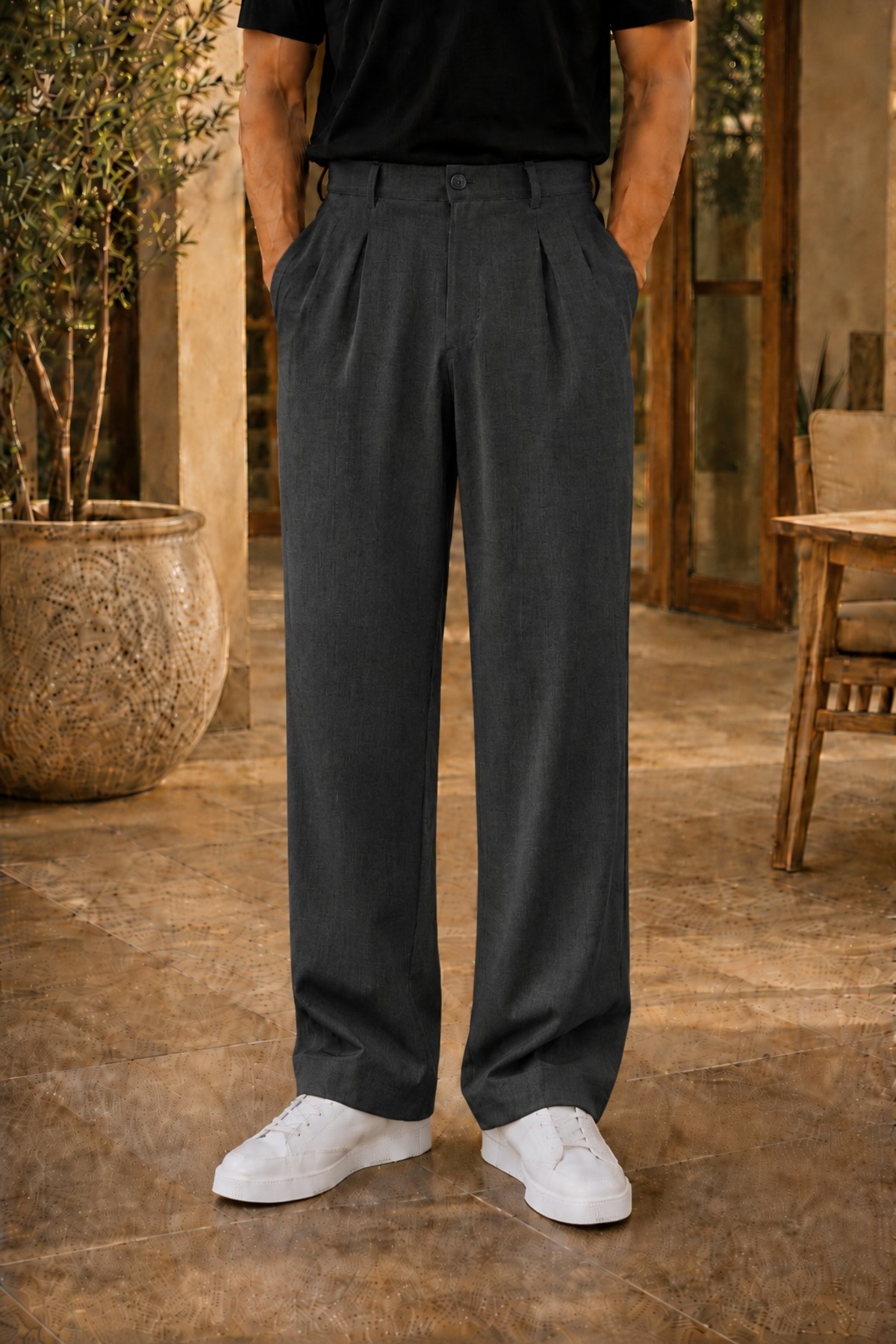 Erkek Antrasit Kumaş Pantolon Baggy Fit Pileli Bol Paça Rahat Kesim — مشکی ME-1190