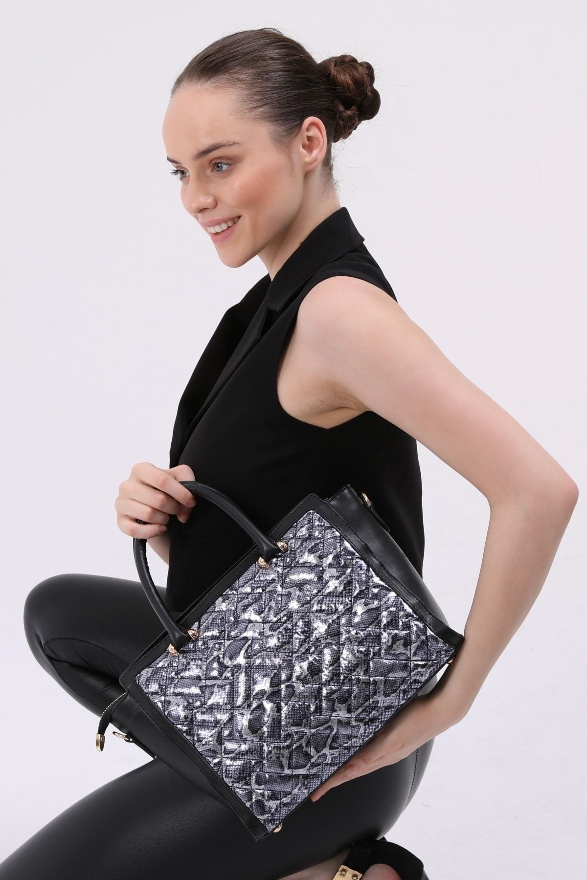 Morpelikan Black Suede Paneled Quilted Women's Shoulder Bag- Trendyol