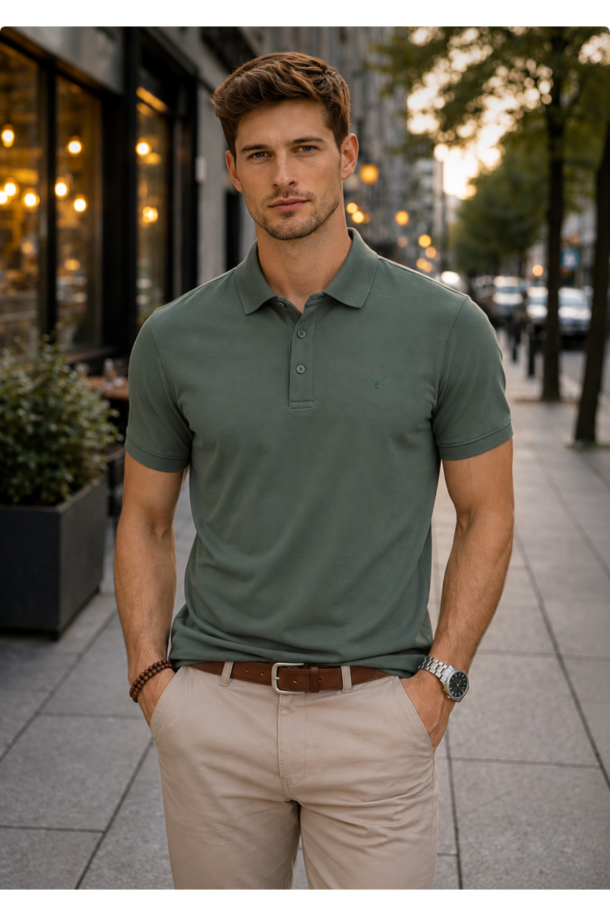 Maccali Men's Imported Textured Premium Fabric Basic Khaki Polo Collar T-Shirt