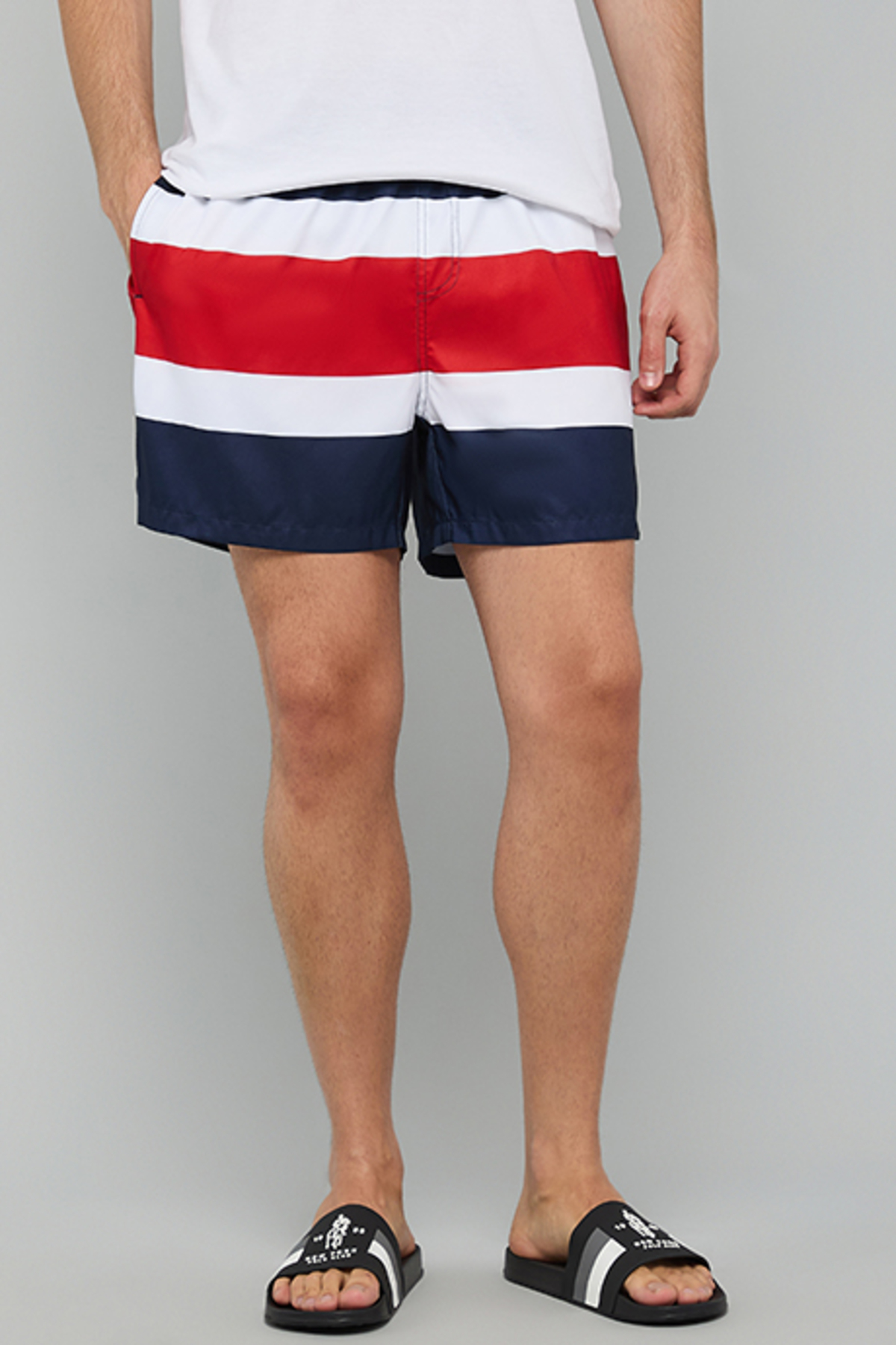 R&B Striped Swim Shorts with Drawstring Waist