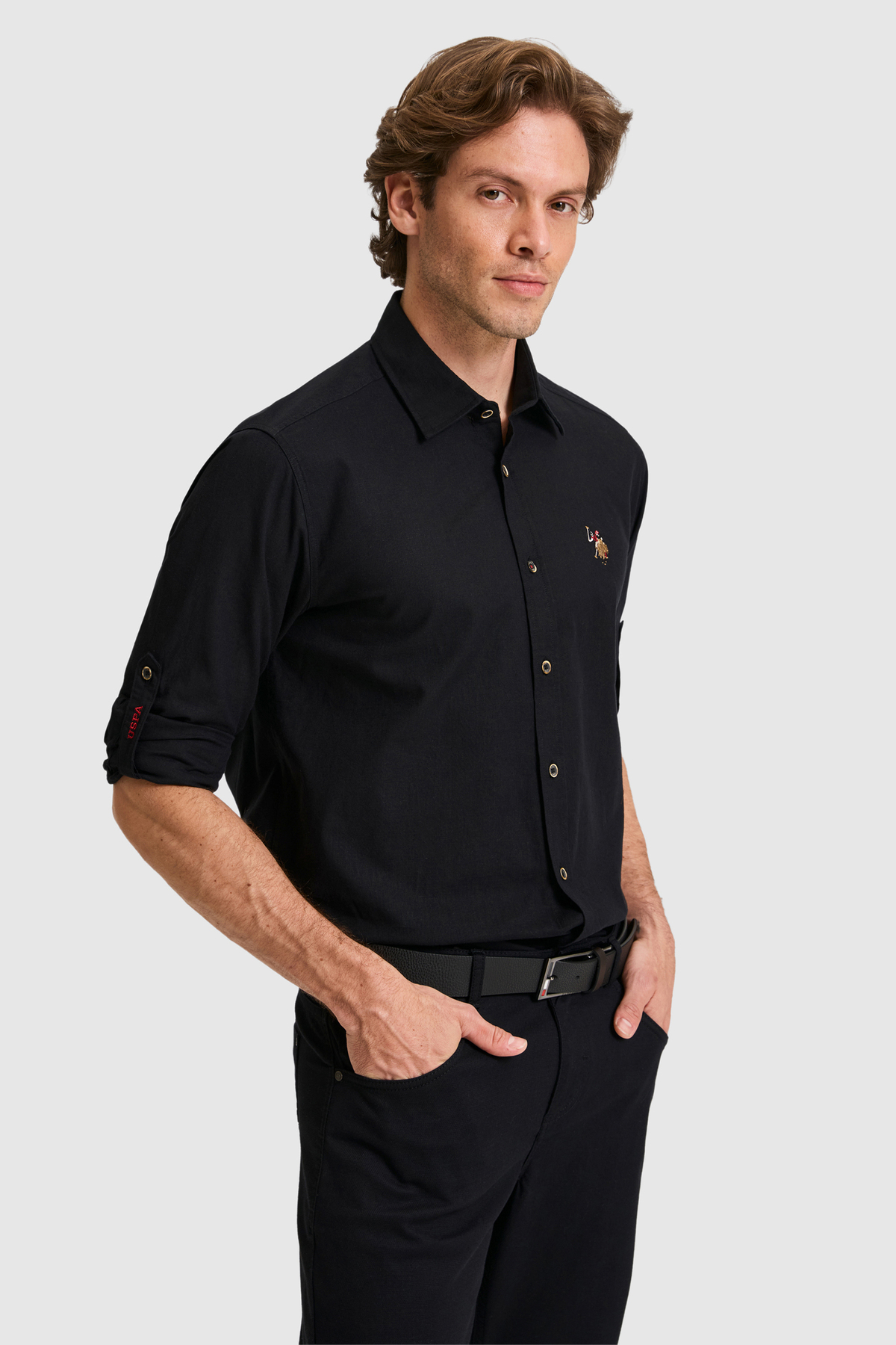 U.S. Polo Assn. Men's Linen Blend Black Long Sleeve Basic Shirt 50320262-Vr046
