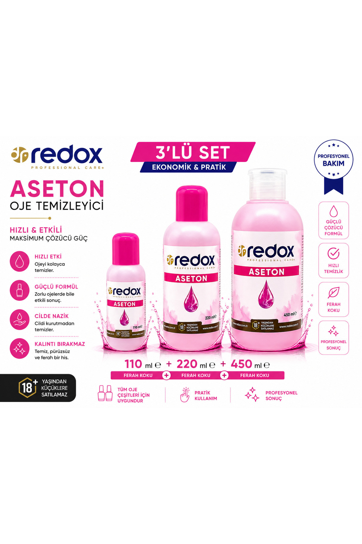 Aseton Oje Temizleyici 3'lü Set 110 ml + 220 ml + 450 ml Ferah Kokulu — drredox110*4