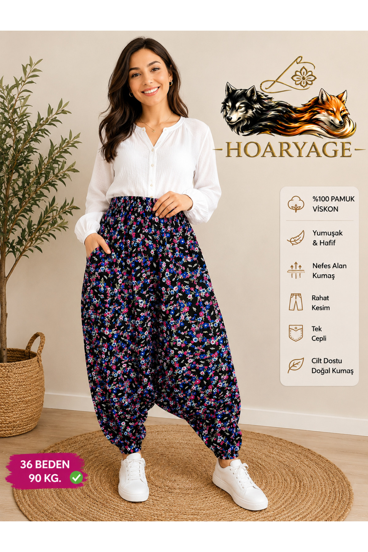 hoaryage Otantik Köy Şalvarı %100 Pamuk Viskon Çiçek Desenli Rahat Kesim Ağlı Kadın Şalvarı 36 BEDEN 90 KG