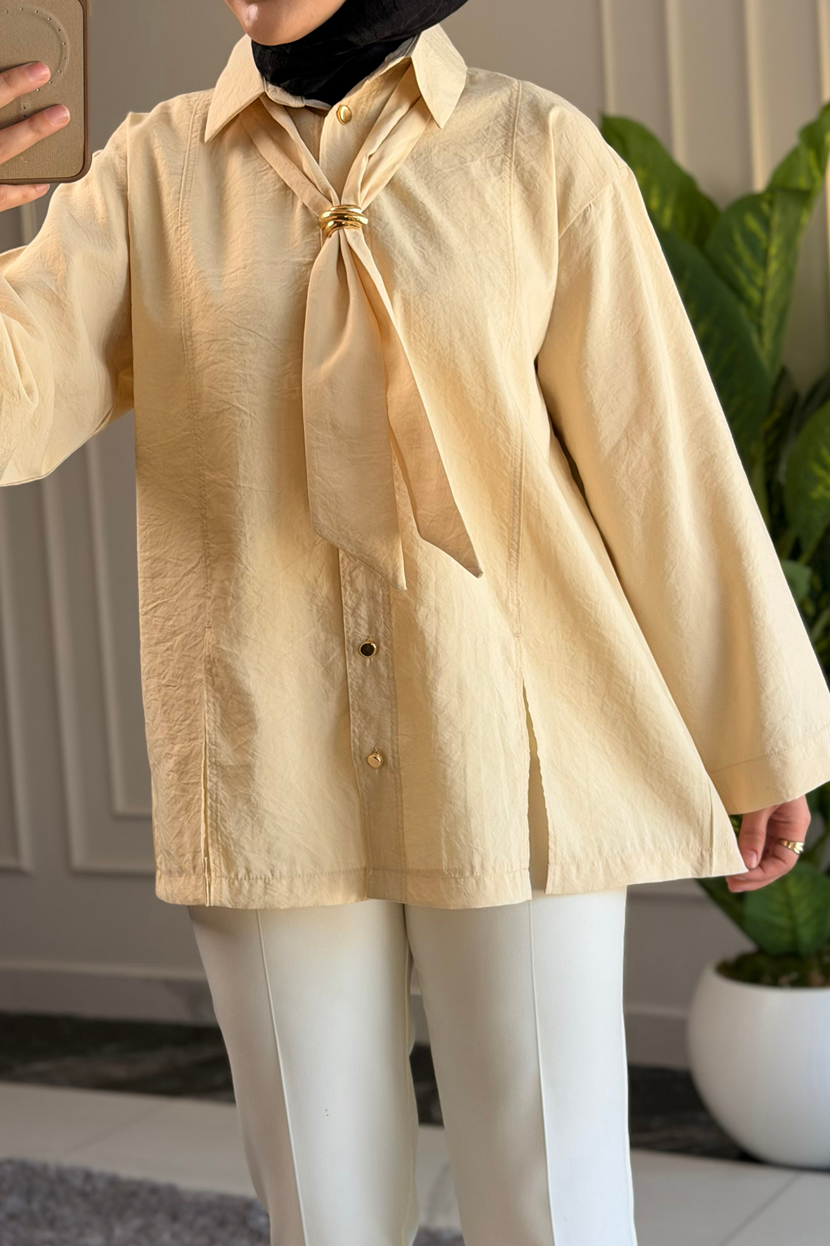 Suede Style  6463 - Şık Rahat Kravat Detaylı Dokuma Şeftali Kumaş Kadın Gömlek - Görsel 6