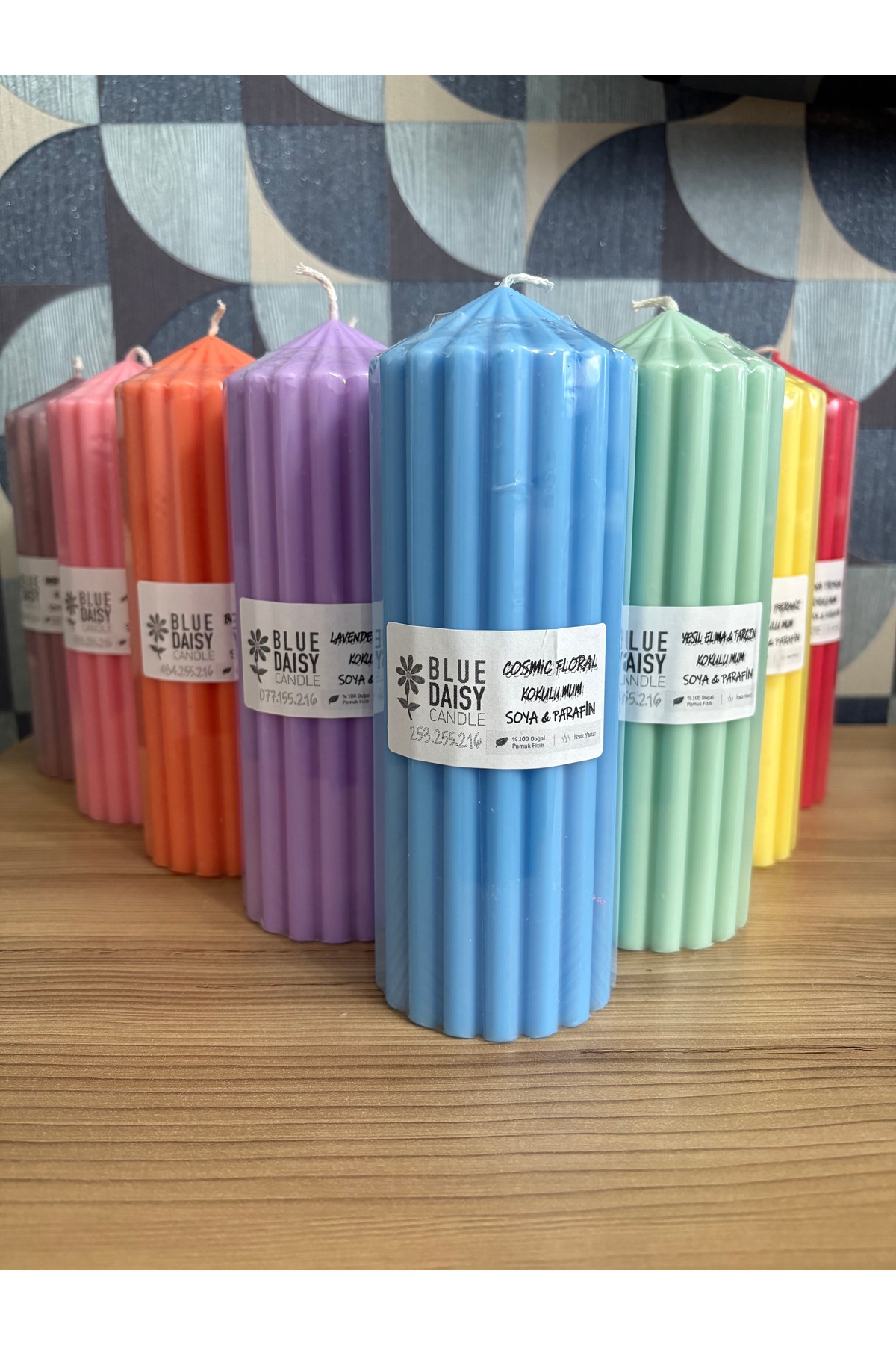 WAVY PILLAR CANDLE BLUE scented candle , CYLINDER PILLAR CANDLE , SCENTED CANDLE, DECORATIVE , geomtic