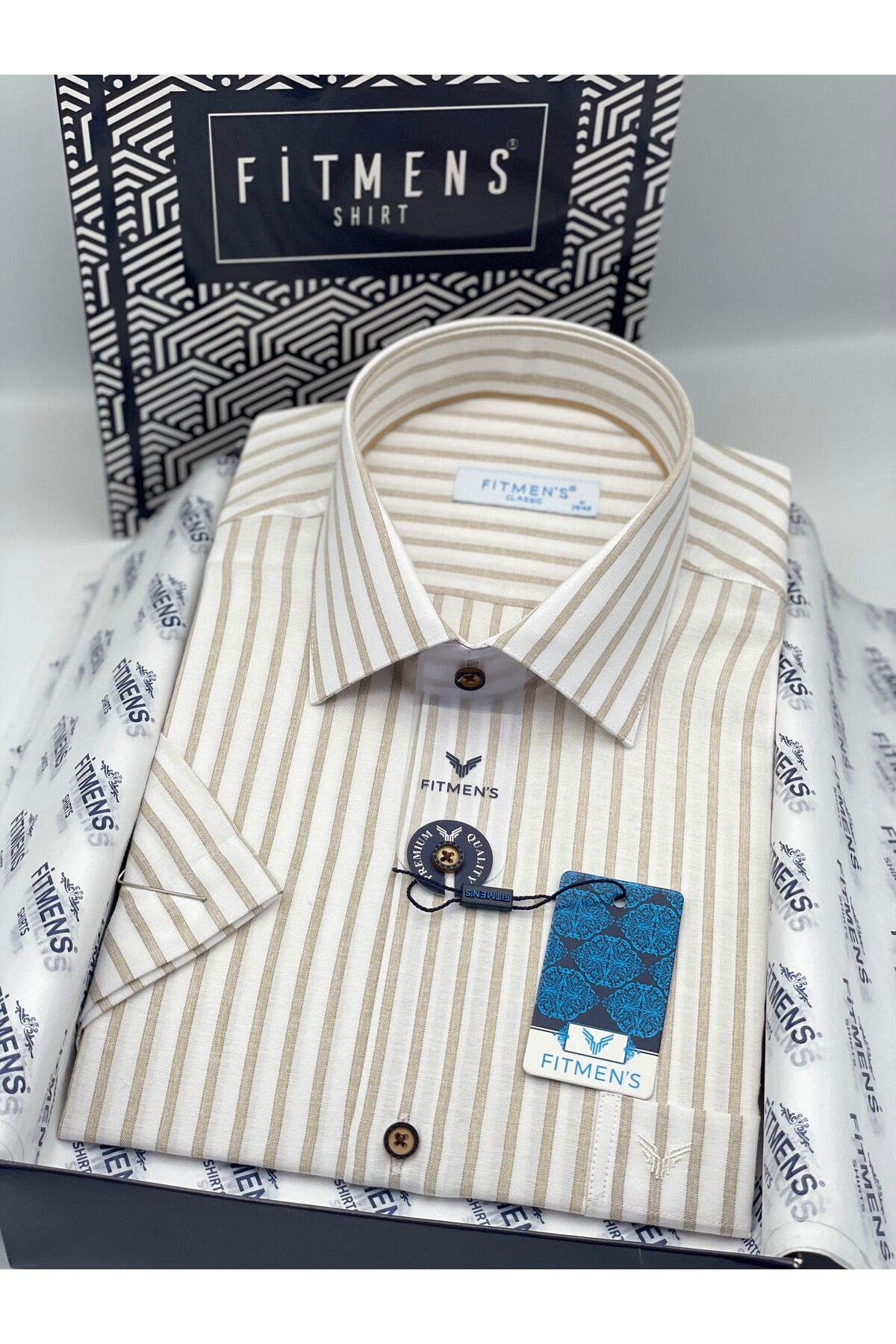 پیراهن مردانه کلاسیک آستین کوتاه کتانی از جنس نخ و قابل تنفس با جعبه هدیه FS-004571 - بژ  پیراهن Fitmens