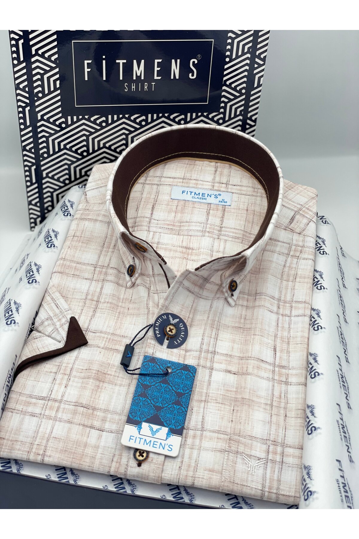 Classic Short Sleeve Linen Collar Buttoned Gift Boxed Men's Shirt FS-004569-Brown