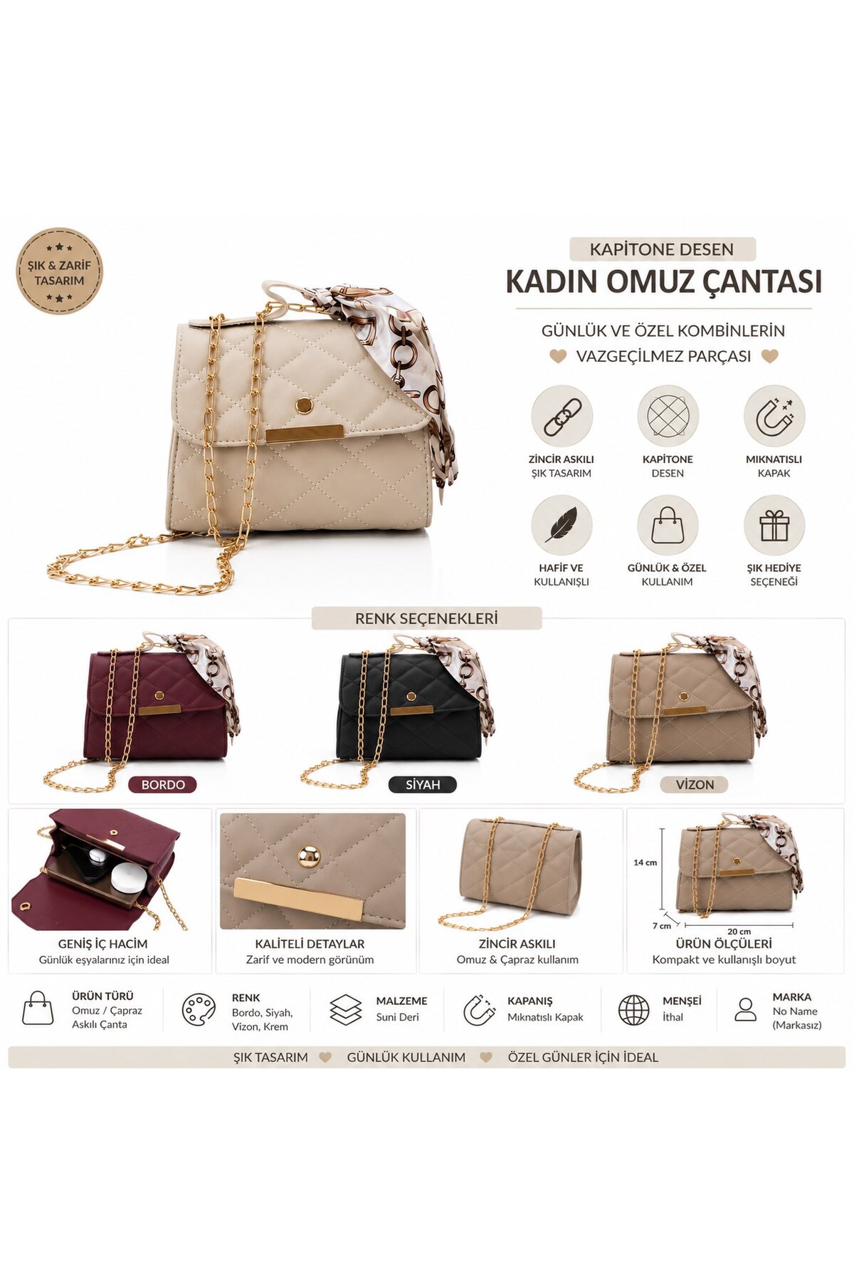 Logis Kadın Kapitone Zincir Askılı Omuz Çantası, Krem Renk, Şık Günlük ve Abiye Kullanım MY01 görsel 3