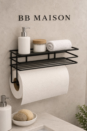 BB MAİSON Yapışkanlı Siyah Kağıt Havluluk Peçetelik Raflı Banyo Mutfak Düzenl...
