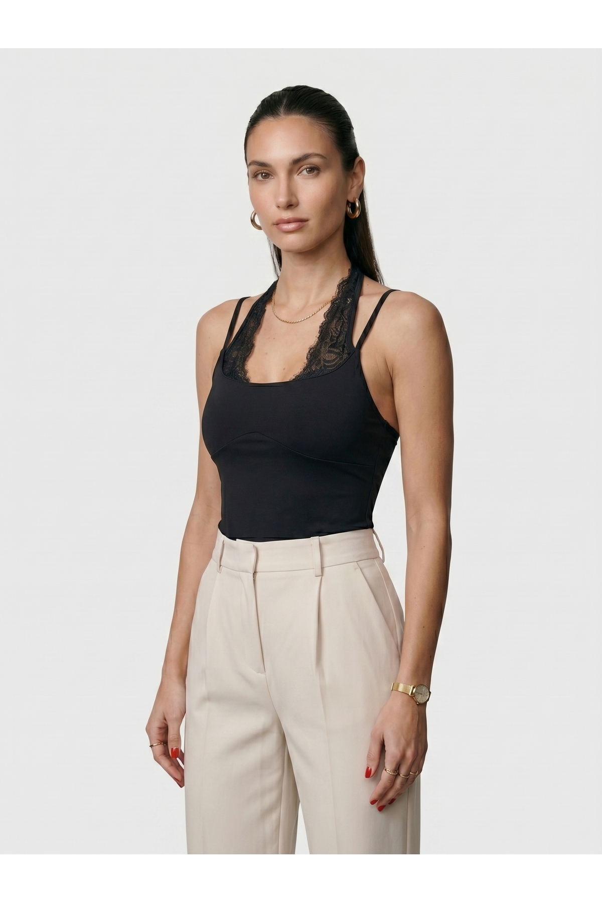 Kadın Siyah Dantel Yaka İnce Askılı Çıtçıtlı Bodysuit 3