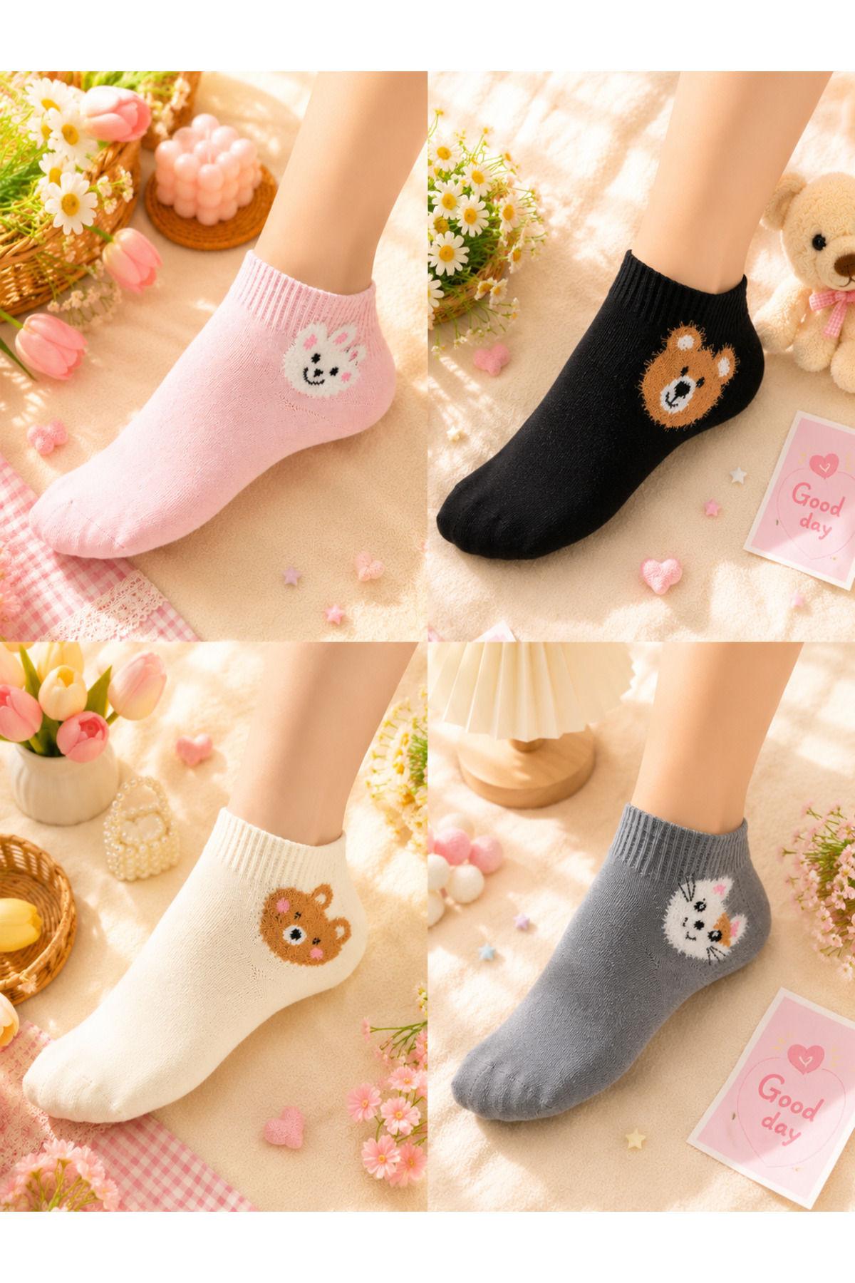 çorapmanya 4 Çift Çok Renkli Tüylü Teddy Bear Desenli Tenis Yarım Konç / Kolej Çorap