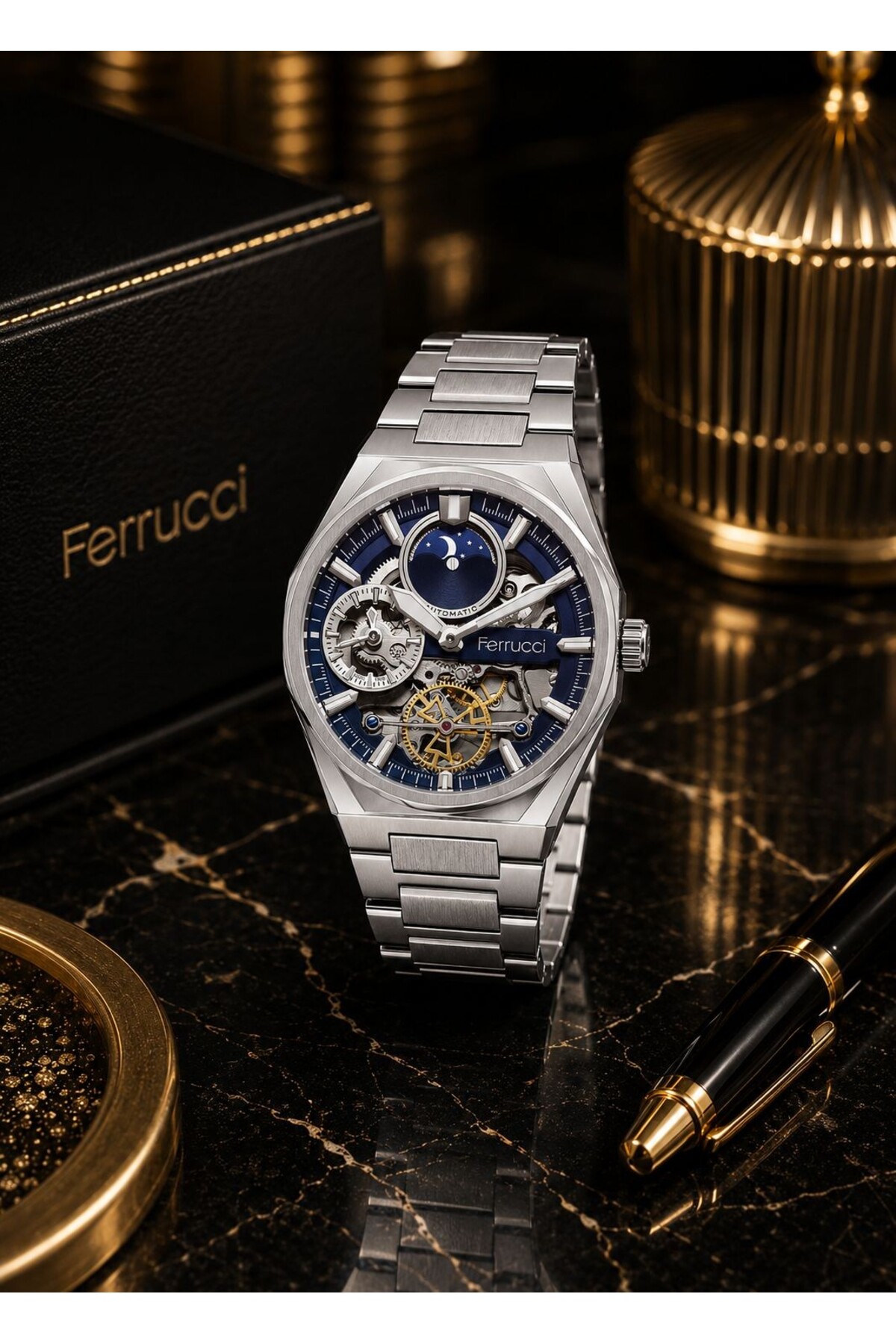 Ferrucci Otomatik Ve Kurmalı Güneş Ve Mehtap Kadranlı 2 Yıl Garantili Erkek Kol Saati BFC.M3558.S2 görsel 3