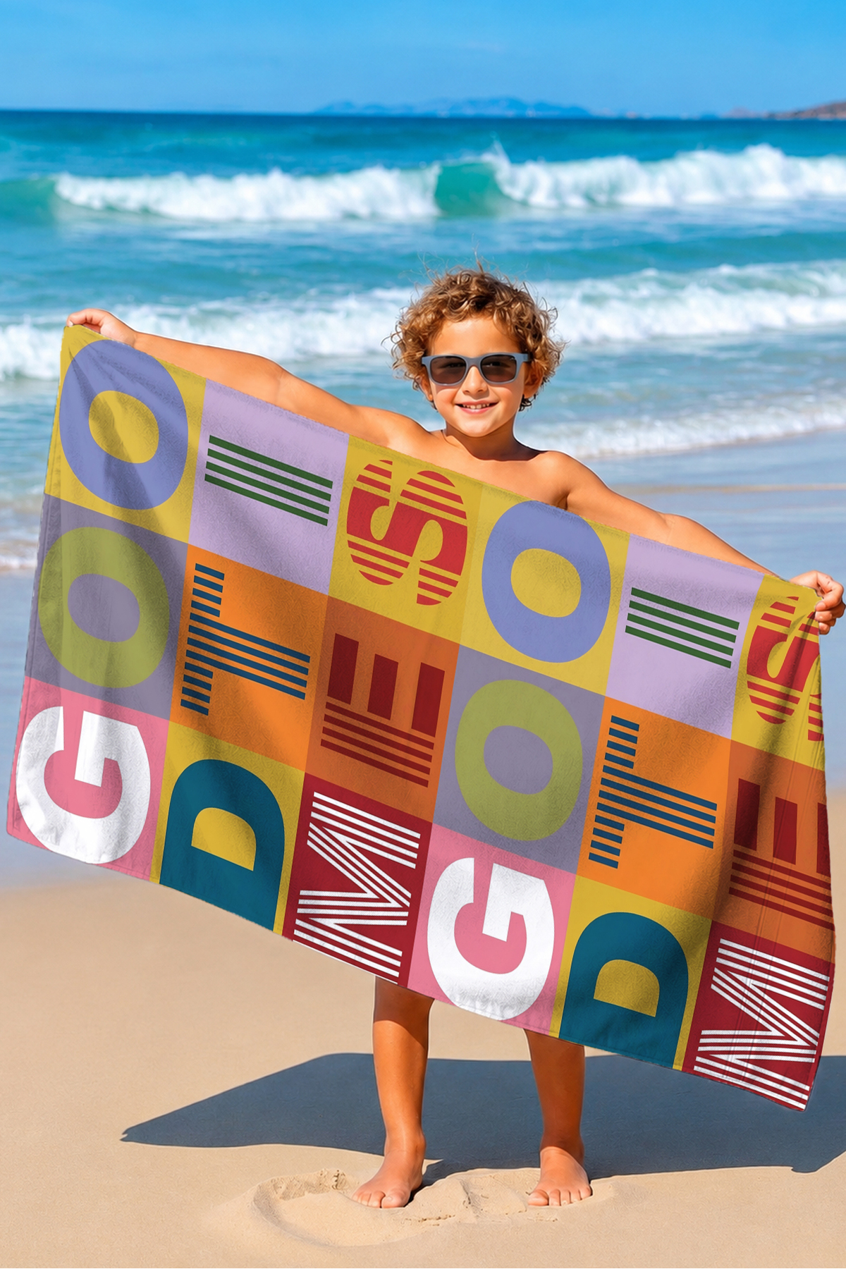 Colorful Typographic Modern Beach Towel-Geometric Pop Art Yellow Orange Fast Drying Microfiber Towel