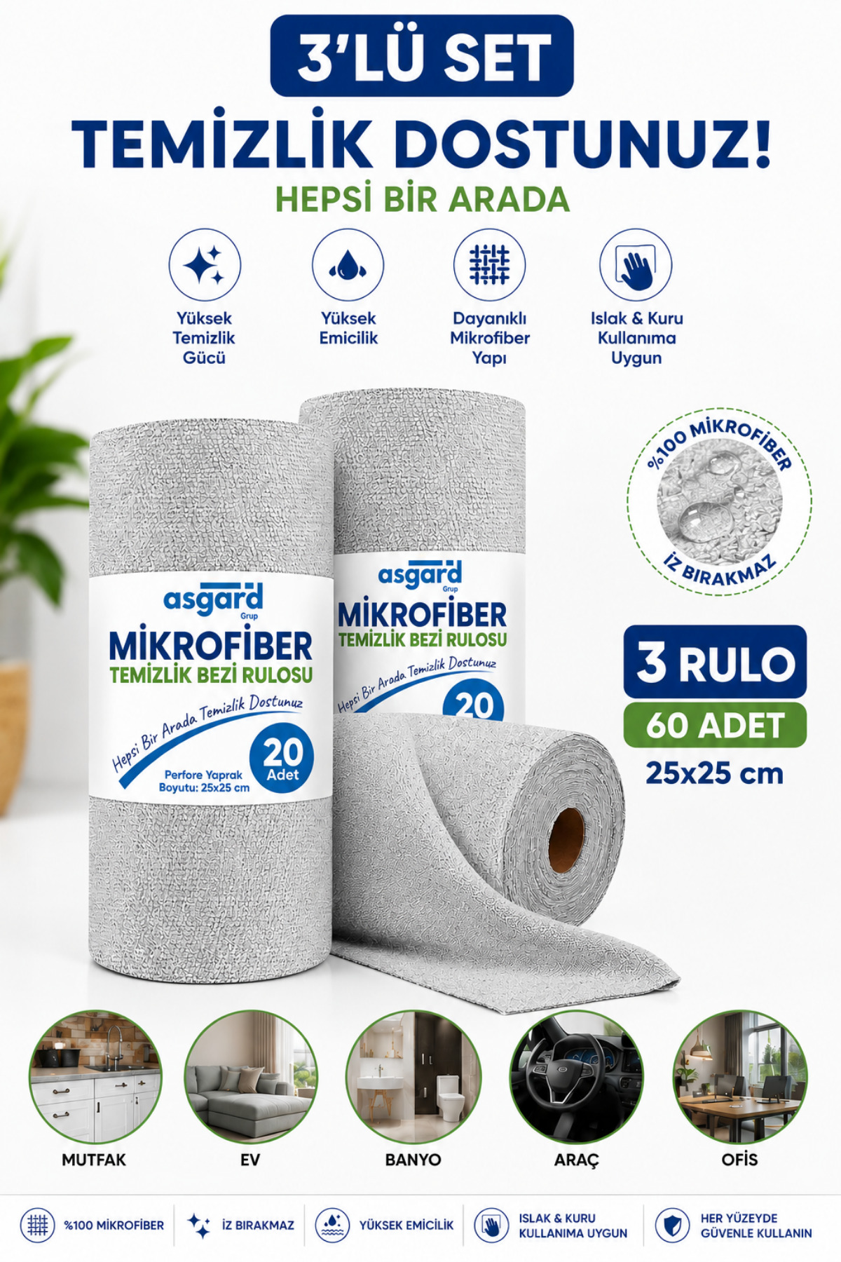 Asgard Grup 3 Adet 20'li Rulo Gri Renk Mikrofiber Temizlik Bezi