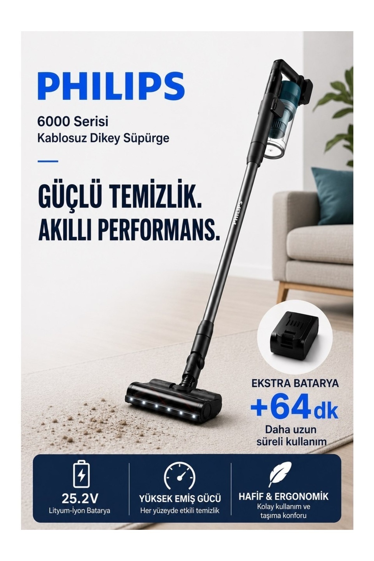 Philips ELVT LED Aydınlatmalı Kablosuz Dikey Süpürge, Güçlü Emiş, Turbo Başlık, 64 Dakika Kullanım Süresi ve El Süpürgesi Dönüşümüyle Günlük Temizlik Için Ideal Çözüm