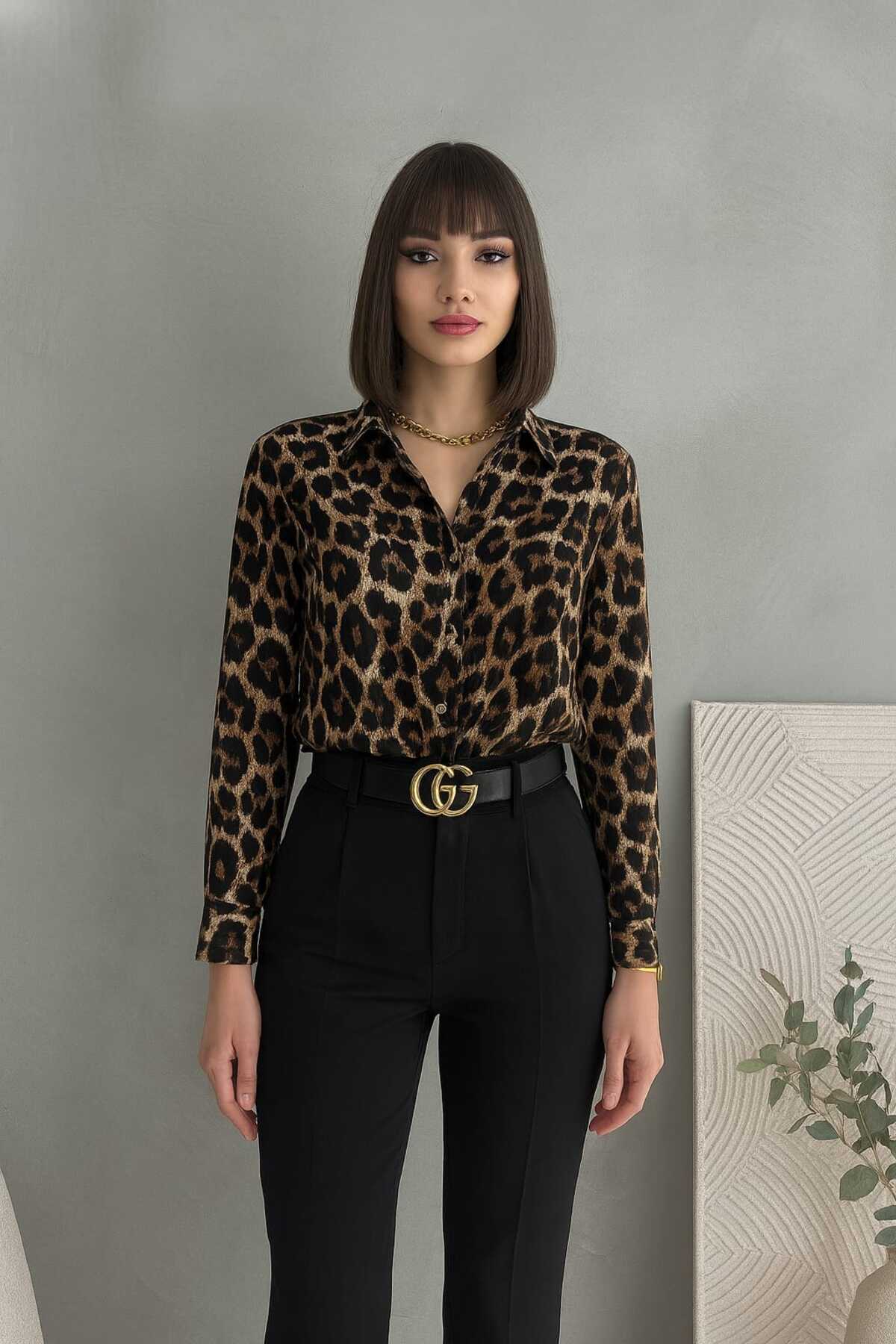Maison La Femme Kadın Leopar Desen Uzun Kollu Gömlek