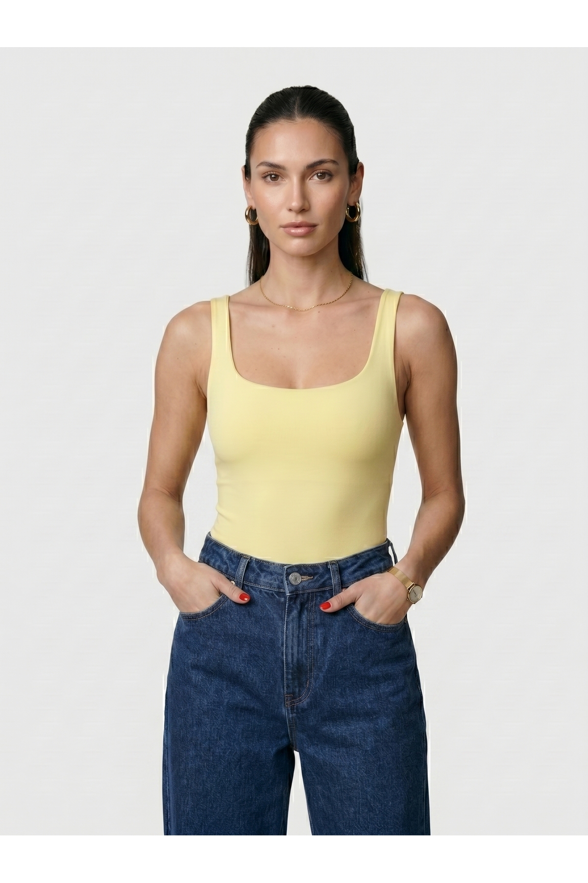 Kadın Kare Yaka Kalın Askılı Çıtçıtlı Body Slim Fit Dar Kalıp Likralı Bodysuit - Sarı