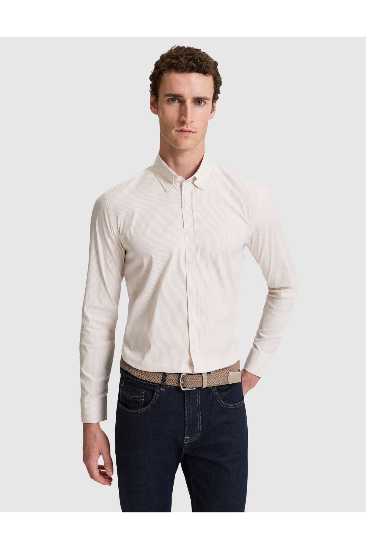 پیراهن آستین بلند راه راه بژ اسلیم فیت 50320890-VR011 پیر کاردین پیراهن Pierre Cardin