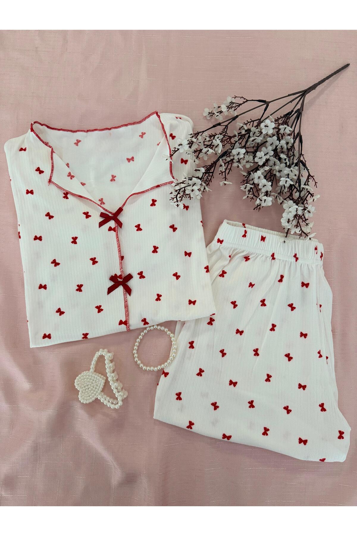 MH Moony Homewears Markie Red Ribbon Short Sleeve Shorts Summer Pajama Set