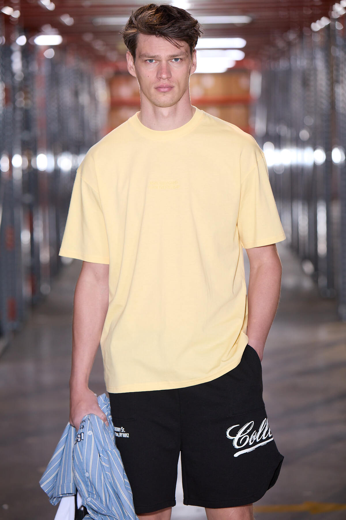 GRIMELANGE Vito men's 100% organic cotton embroidered text detail oversized loose fit short sleeve yellow t-shirt