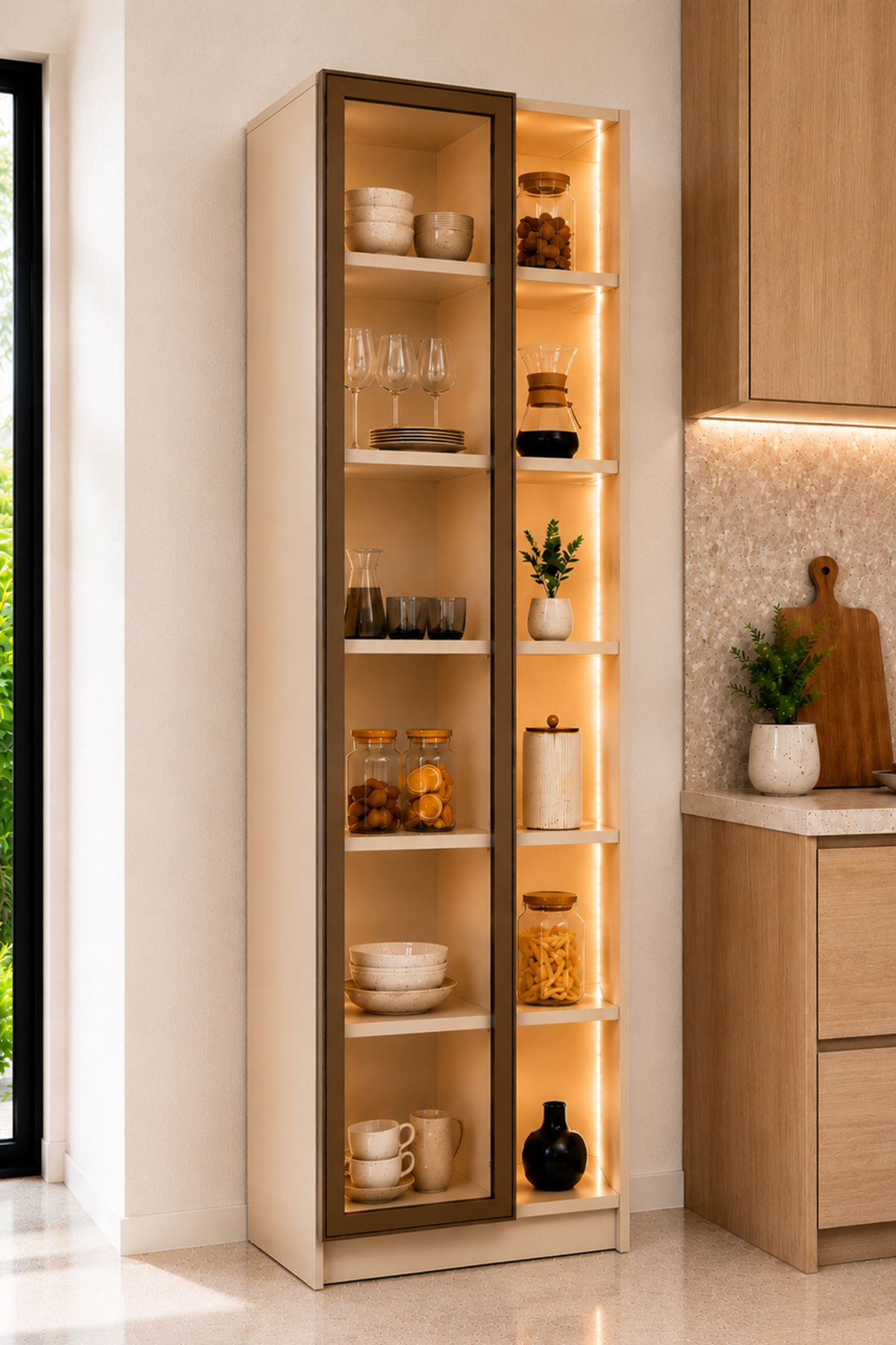 Dolce Tek Kapaklı+ Raflı Erzak Dolabı Led Işıklı Kiler Dolabı Temperli Camlı Çok Amaçlı Dolap Kitapl görsel 3