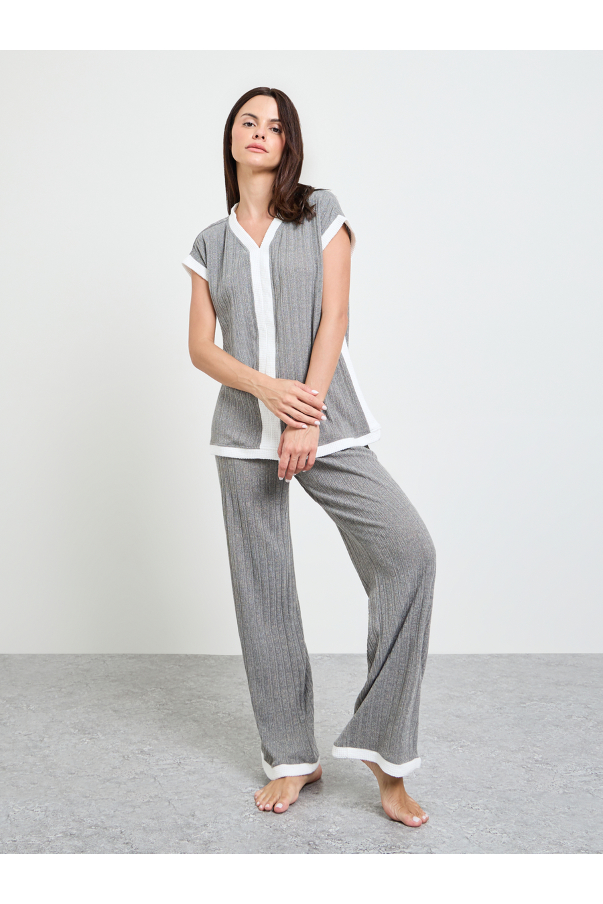 Styli Grey Ribbed Contrast Trim Top and Pyjama Set