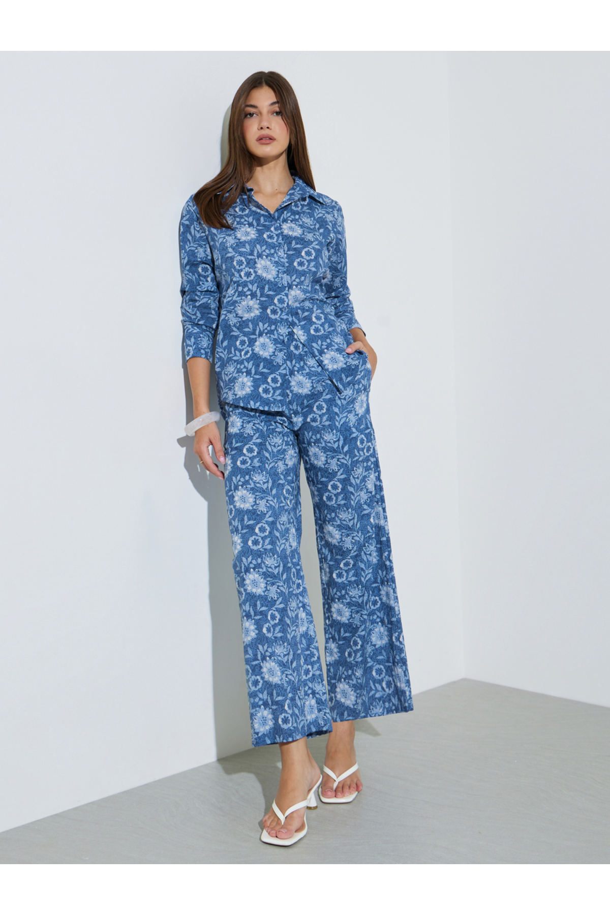 Styli Blue All Over Print Cotton Shirt and Pants Co-Ords Set