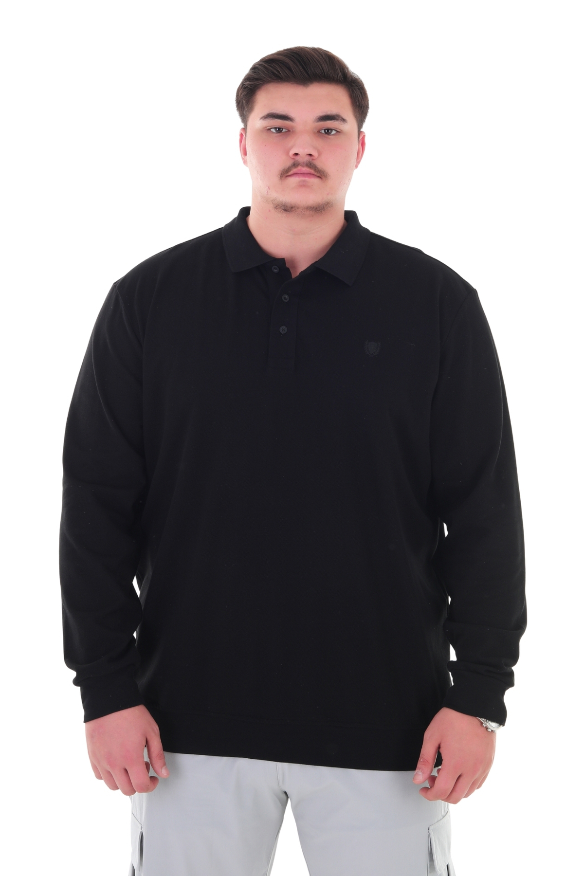 marufshop Erkek Büyük Beden 115-155 Kilo Arası İçin Uygun Uzun Kol Polo Yaka Mevsimlik Sweatshirt Siyah