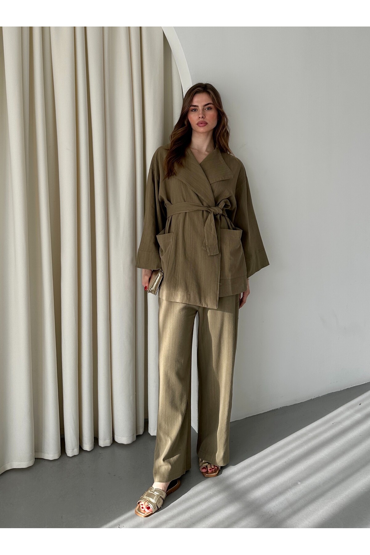 My Blog Khaki Romna Raw Linen Jacket and Trousers Set - 2Y8447
