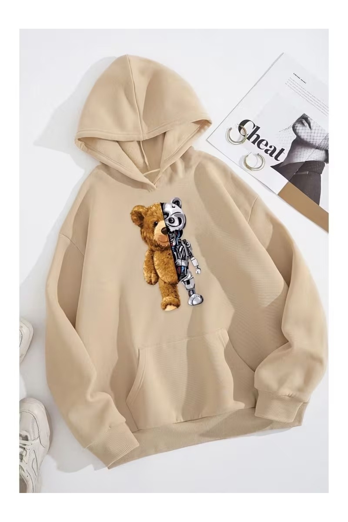 ZİYMO Unisex Hooded Sweatshirt with Bear Print and Relaxed Fit