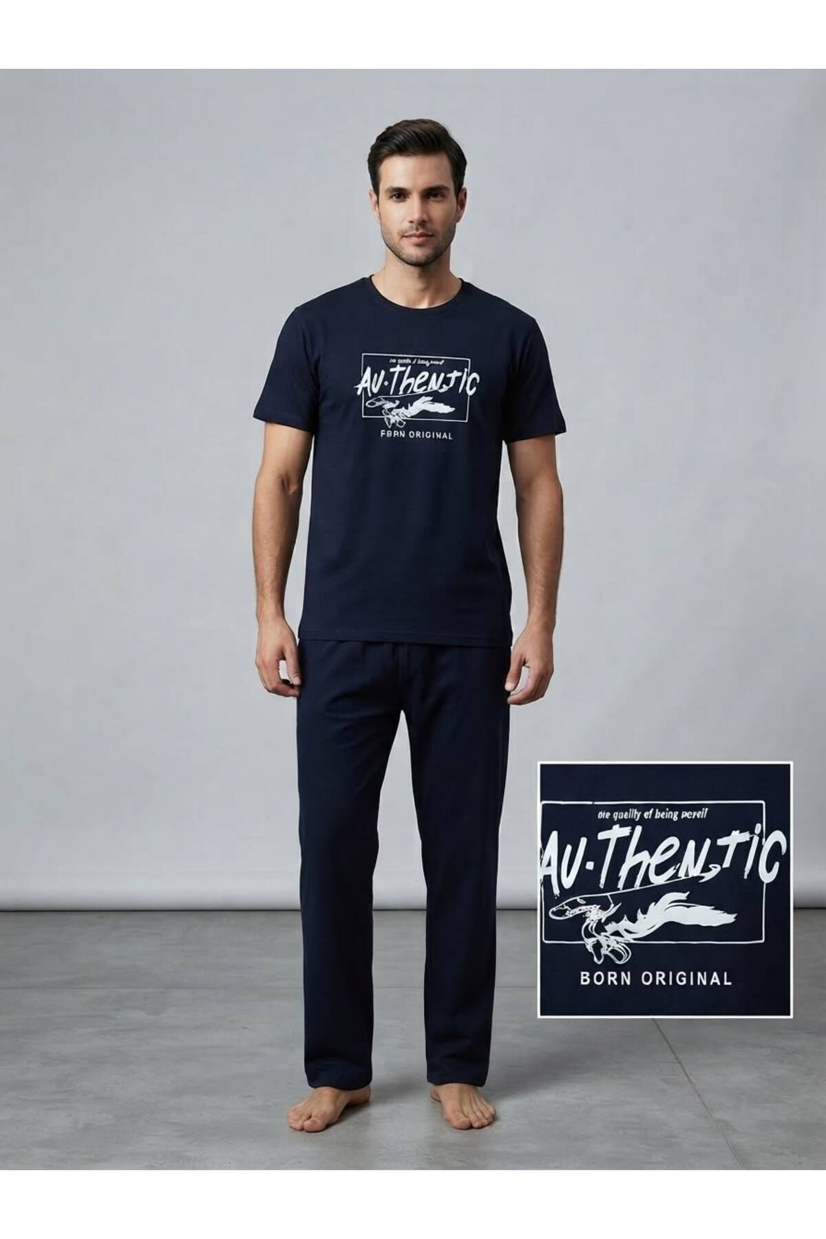 FAMES PİJAMA Men's Short Sleeve Black Printed Pajama Set