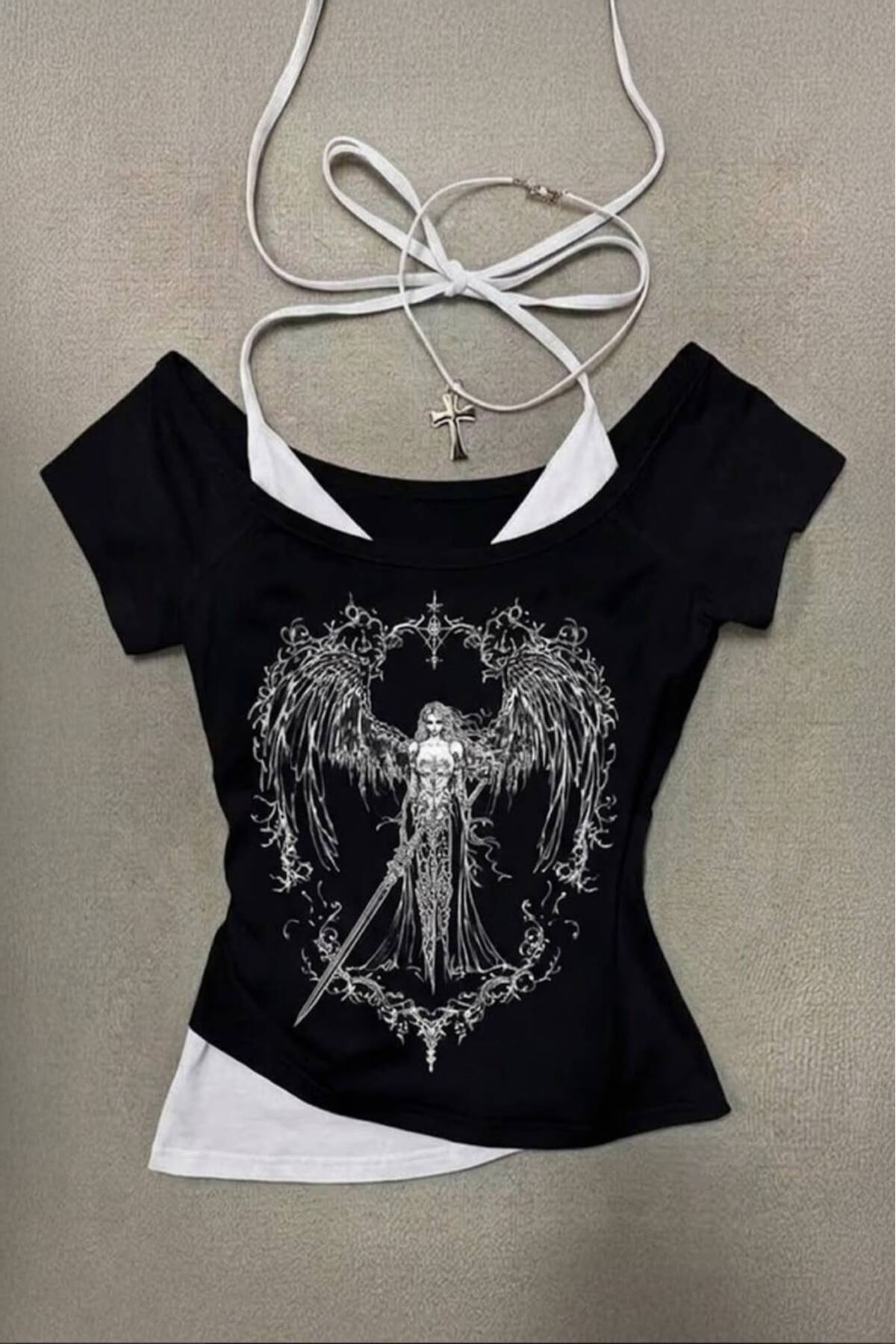 Black Sword Warriror Angel Madonna Collar Splice Strap Full Body Y2K Short Sleeve Crop
