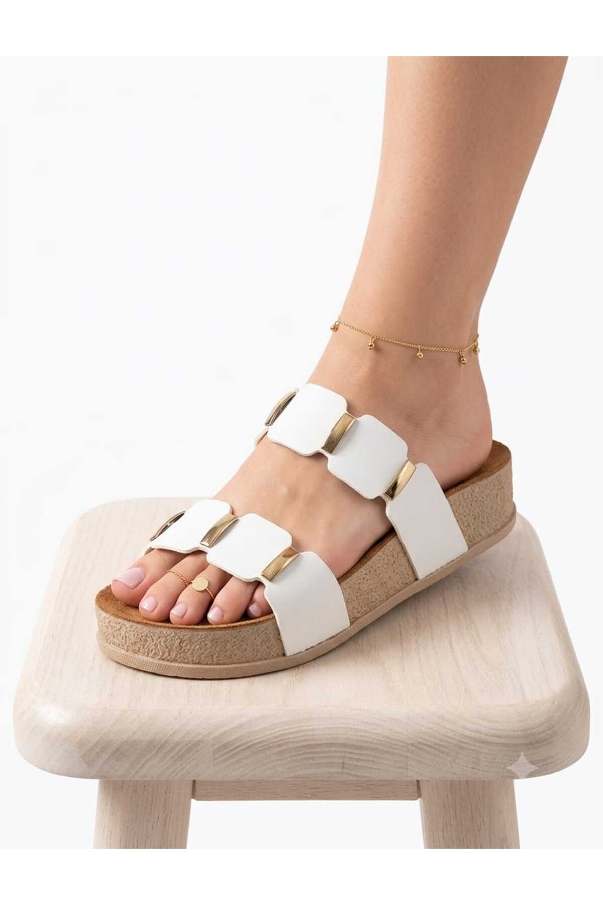 Women's High Sole Stone Detailed Mushroom Sole Slippers-WHITE