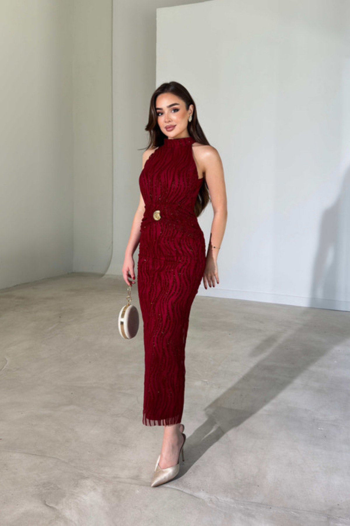Women's Flock Print Tie Neck Glitter Deaty Maxi Size Dress