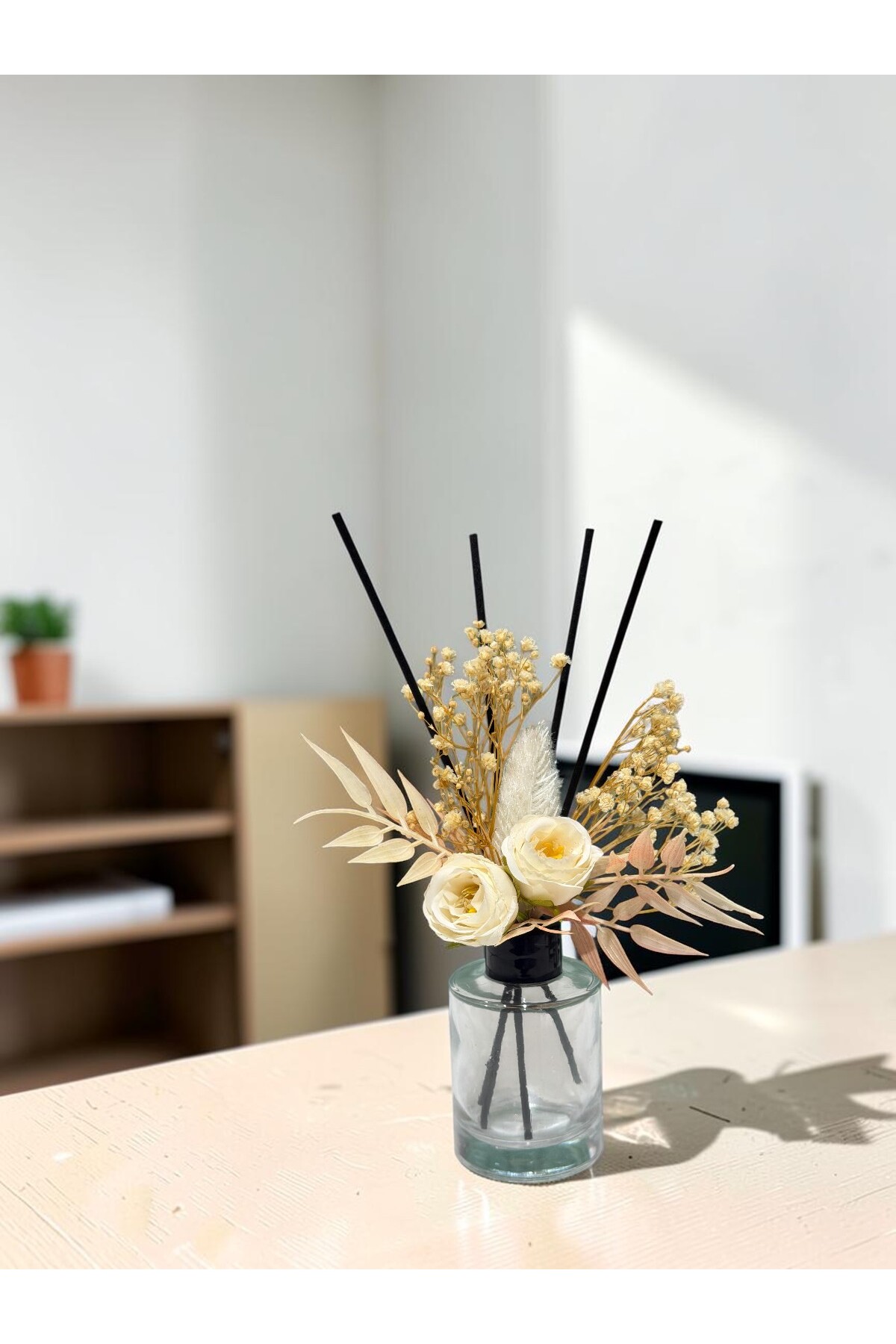 Room Fragrance Glass Cylinder Bottle with Decorative Rod | Artificial Rose Embellished Reed Diffuser Room Fragrance Bottle Double Flower