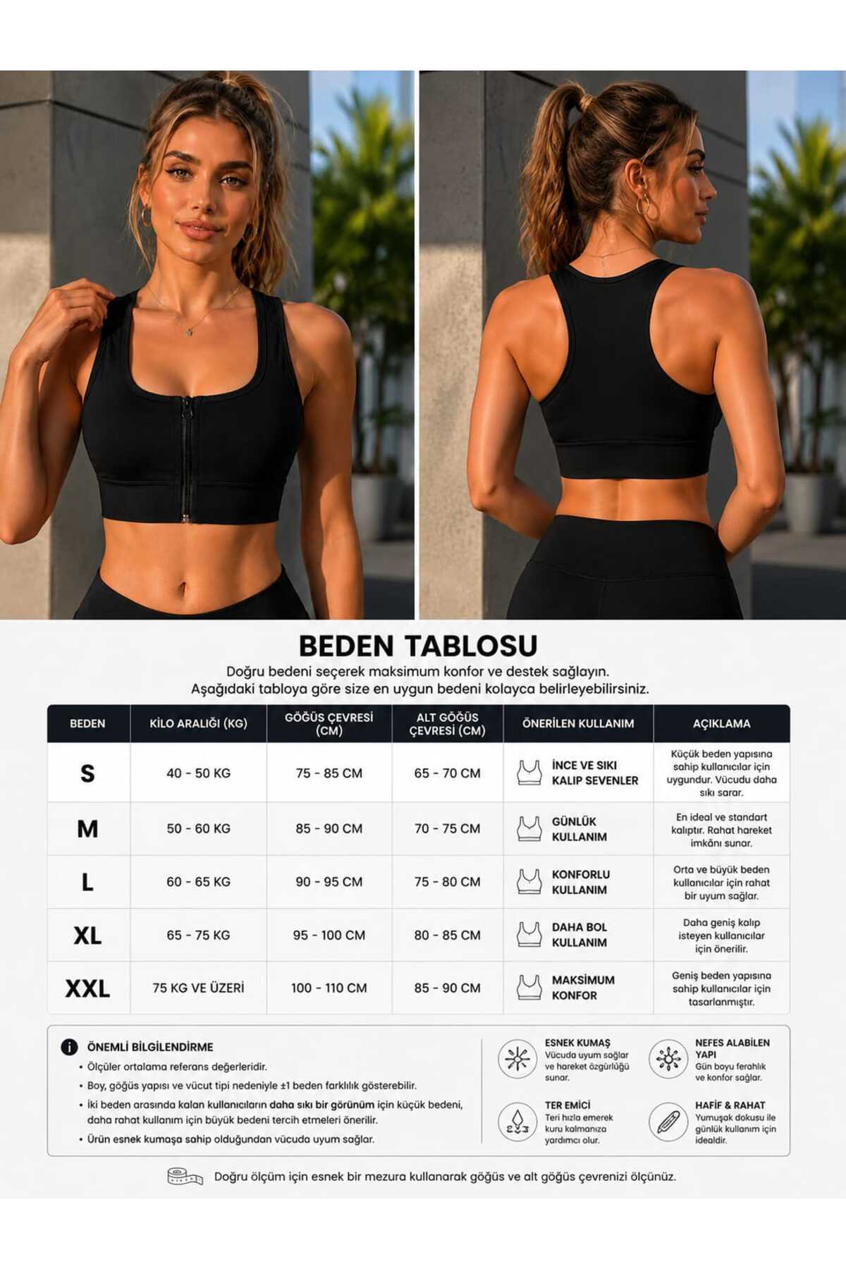 BEHLIVE Siyah Kadın Pedli Destekleyici Toparlayicı Fermuarlı Spor Büstiyer Spor Sütyeni görsel 4