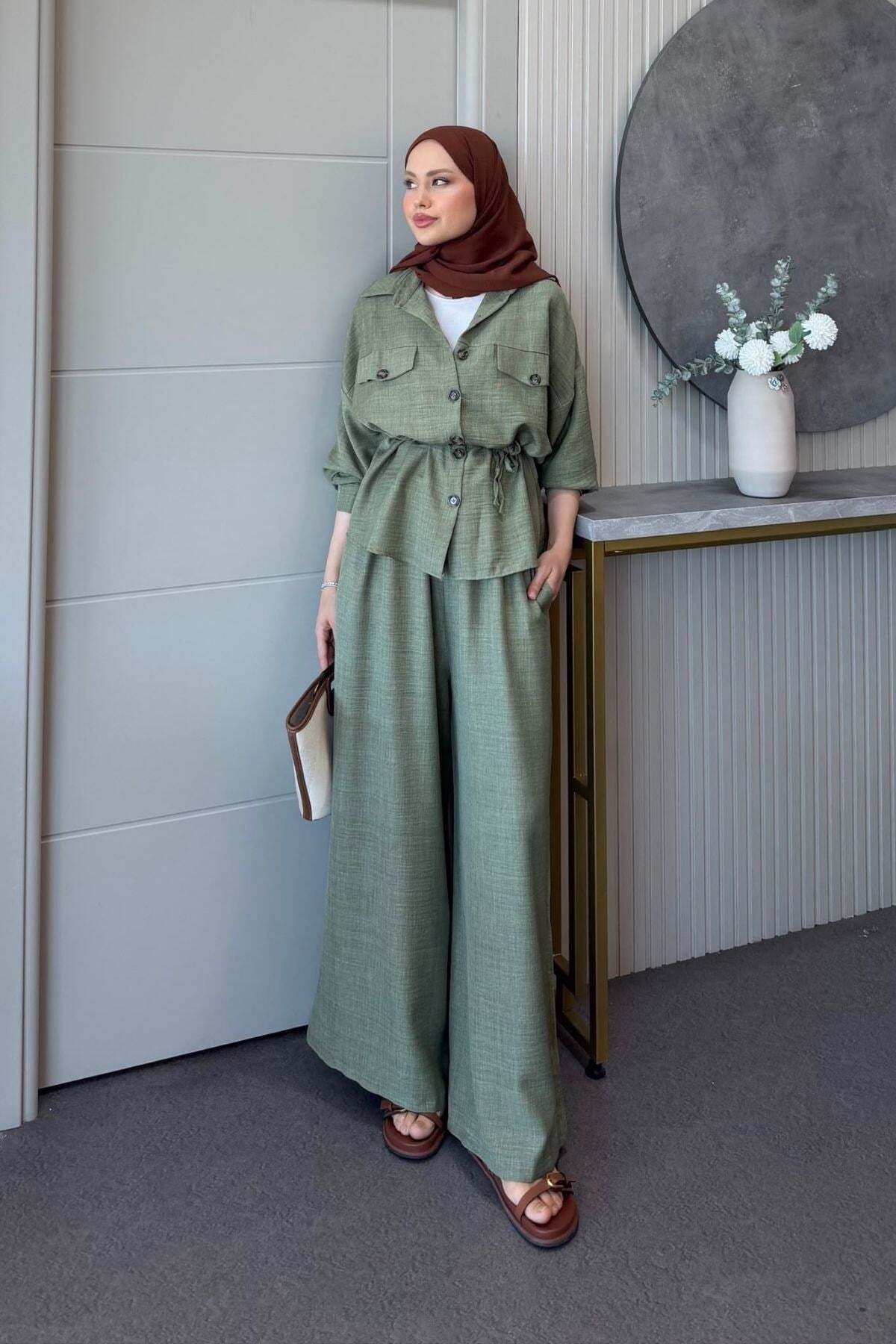 Hazamoda Linen Buttoned Double Suit Khaki