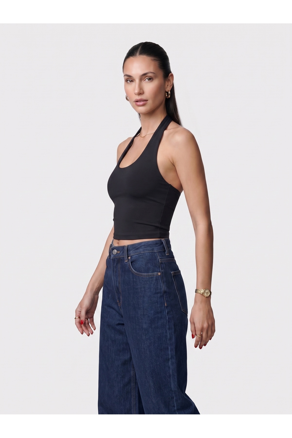 Kadın Halter Yaka Dar Kalıp Sırt Dekolteli Slim Fit Basic Body - Siyah 3