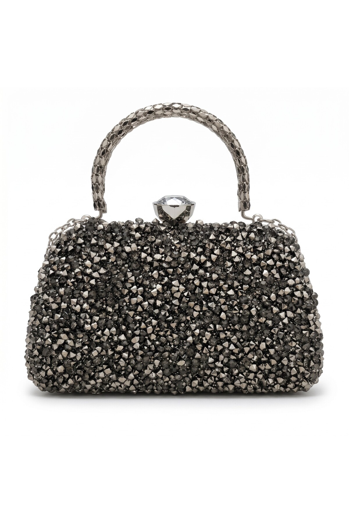 Dilora Kadın Antrasit (Gun Metal) Kristal Taşlı Abiye Çanta Clutch Portföy Zincir Askılı Düğün Nişan Gece Çantası görsel 3