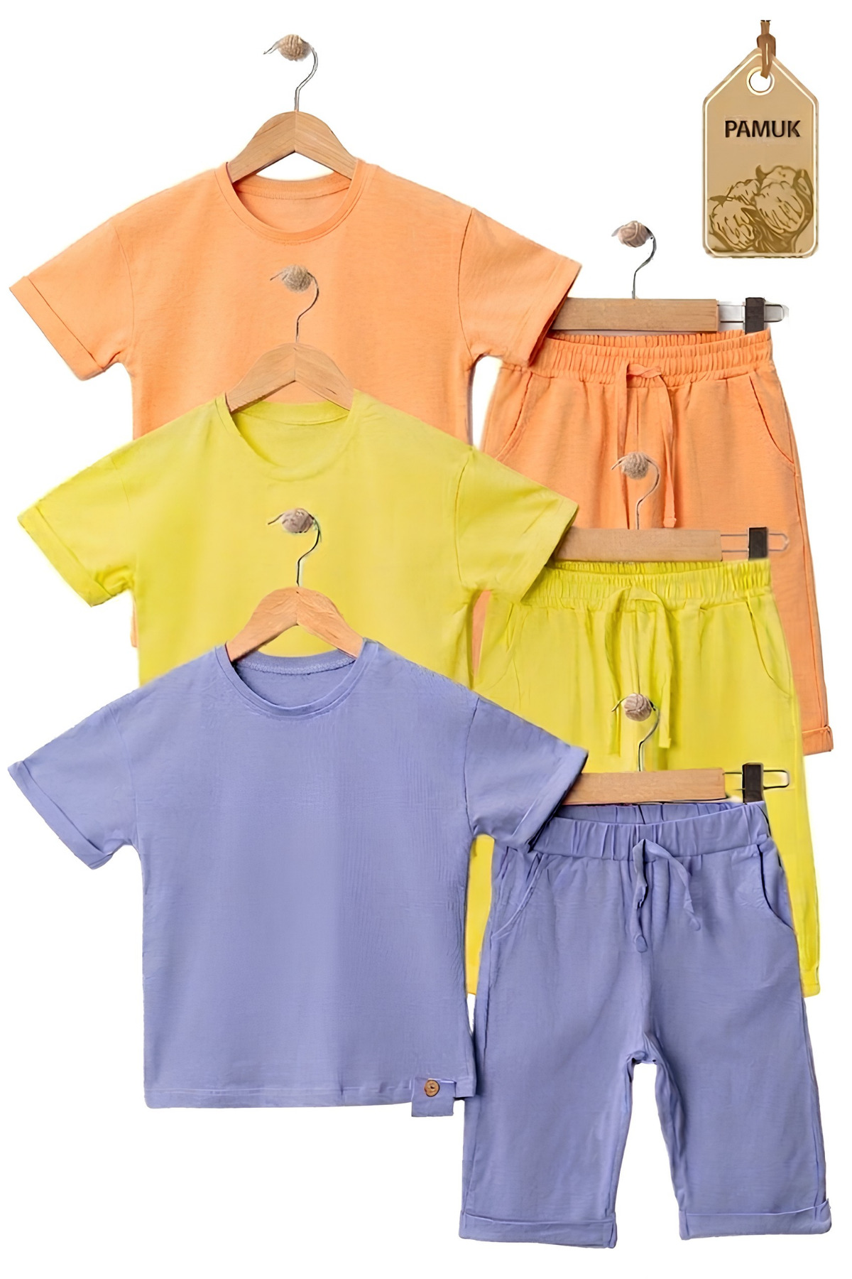 Kız Erkek Çocuk Basic Tshirt Kapri - Yazlık Alt Üst Çocuk Takım (3'lü Set Turuncu Sarı Lila)