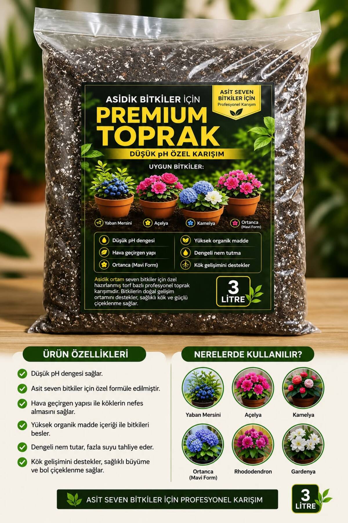NEXVORİA Asidik Bitkiler İçin Premium Toprak 3 Litre – Düşük pH